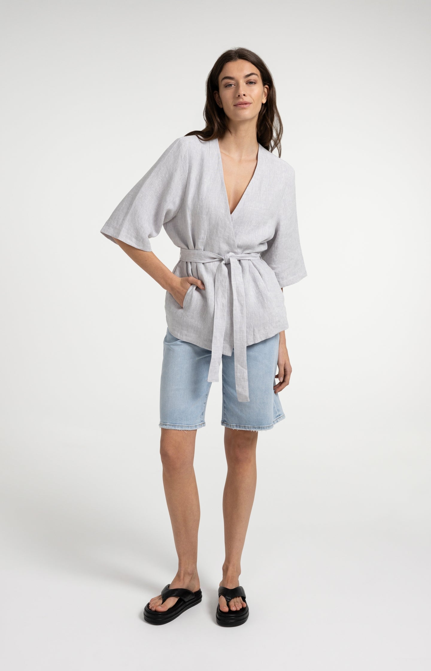 Linen wrap jacket with tie belt