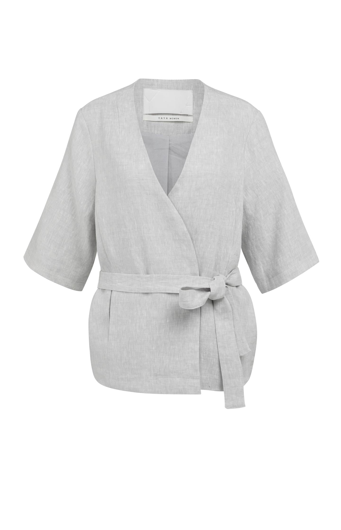 Linen wrap jacket with tie belt