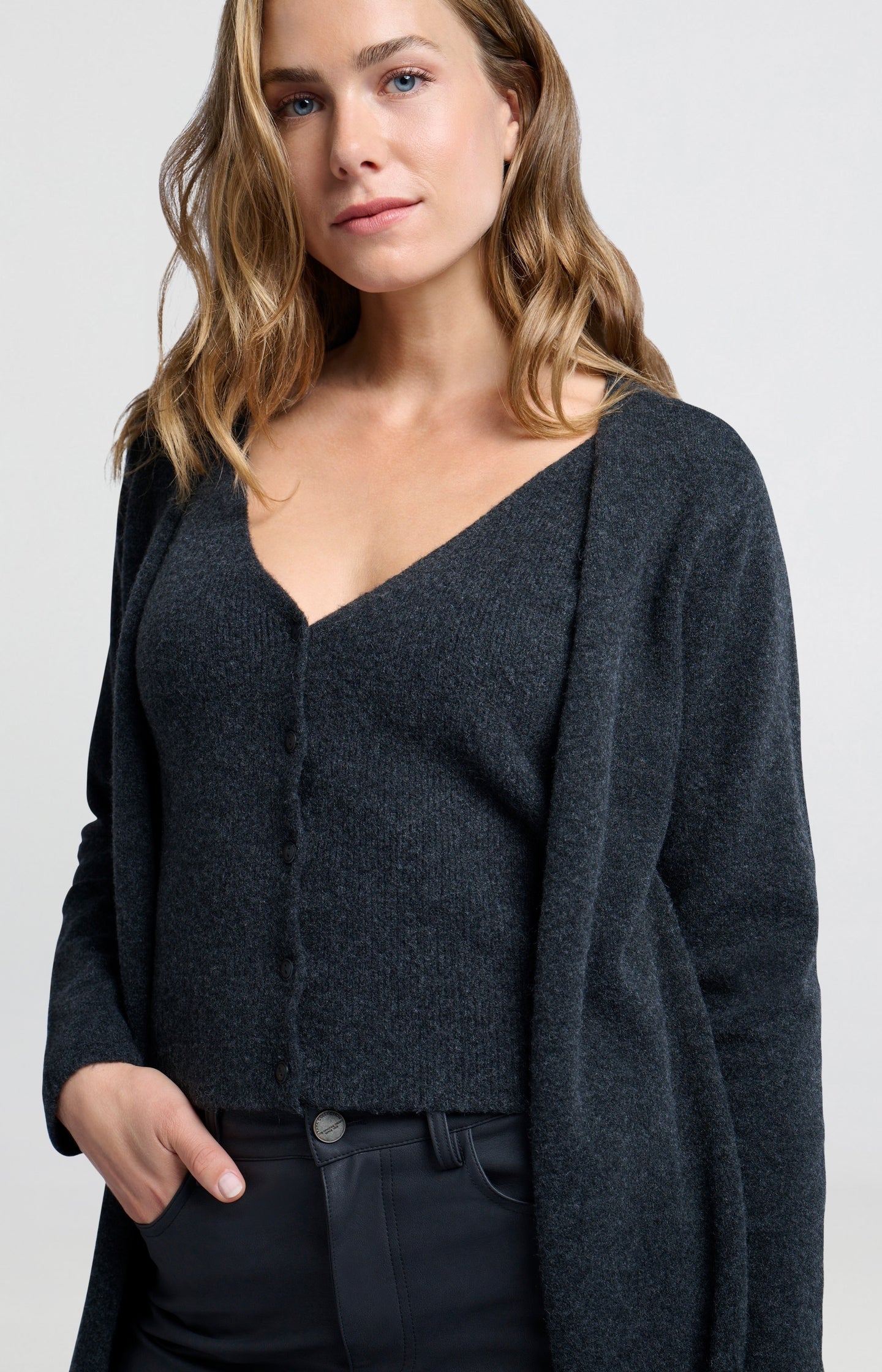 Long cardigan with attached vest, long sleeves and a V-neck