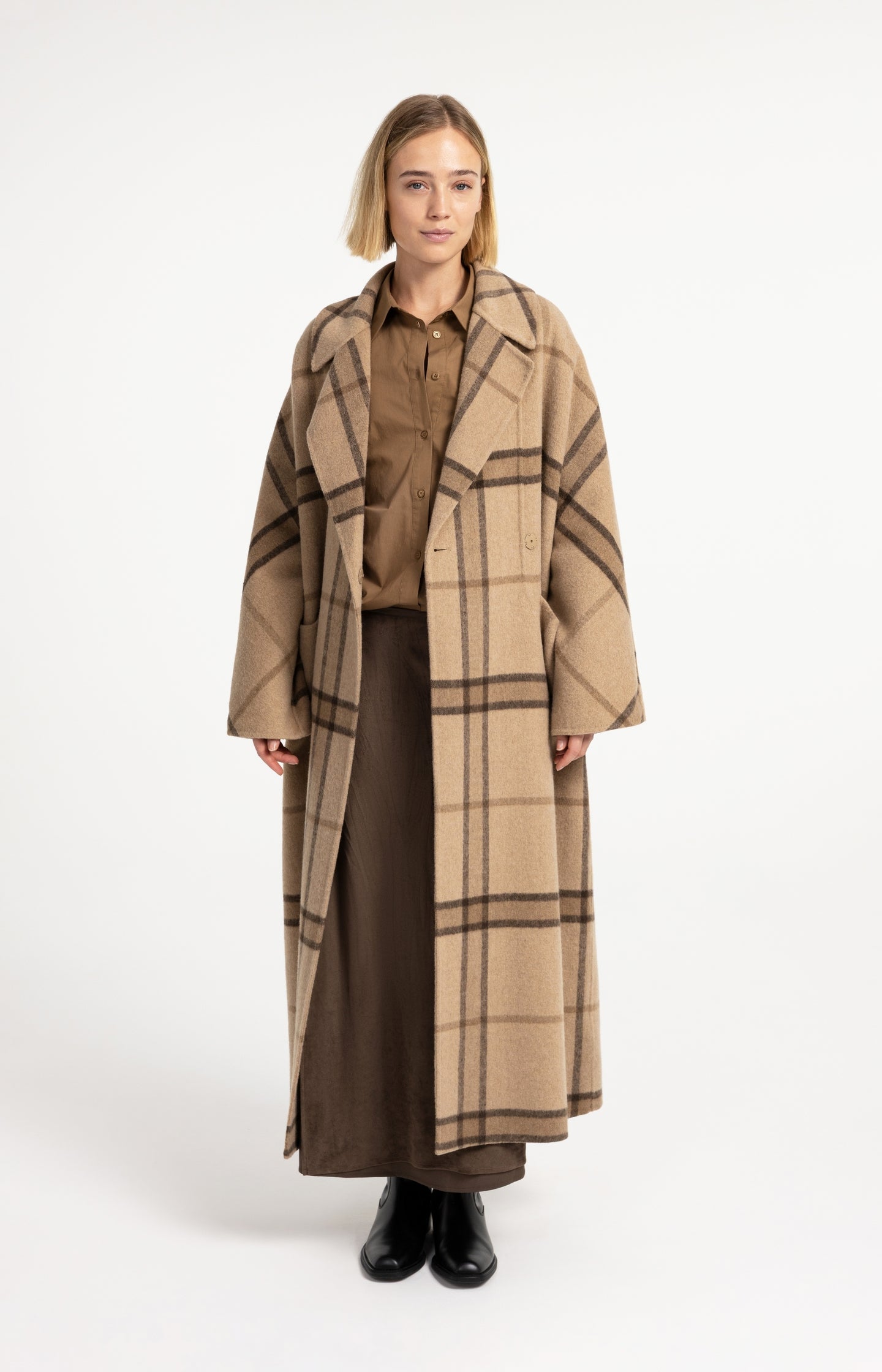 Long checked wool blend coat with oversized fit - Type: lookbook