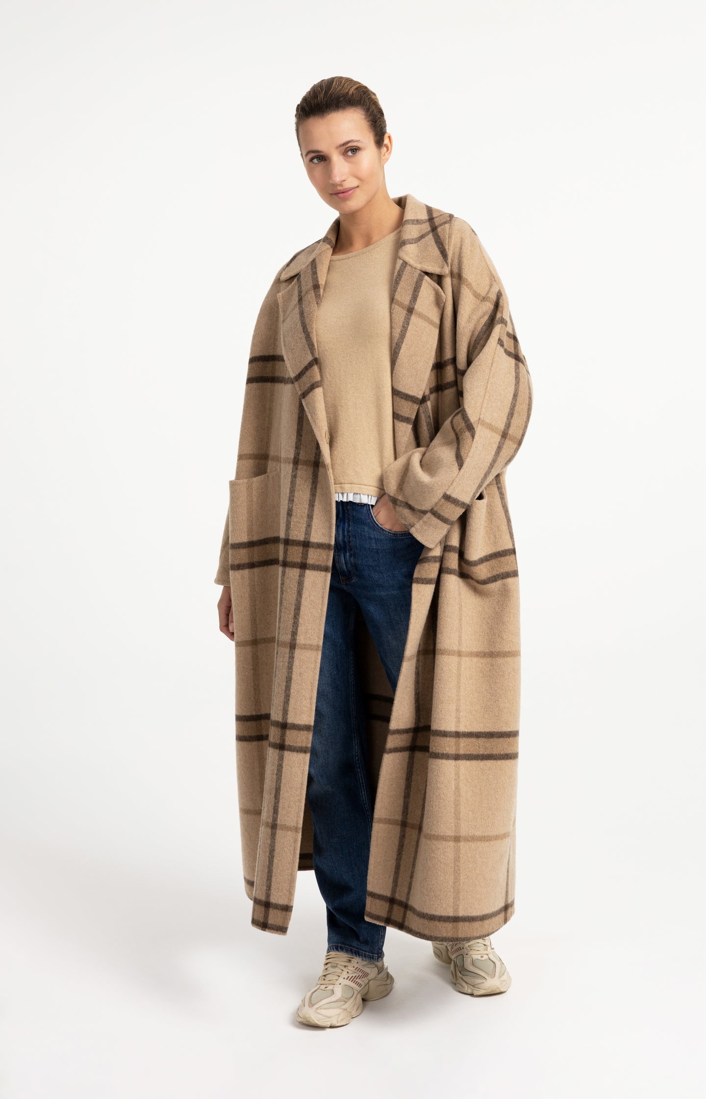 Long checked wool blend coat with oversized fit - Type: lookbook