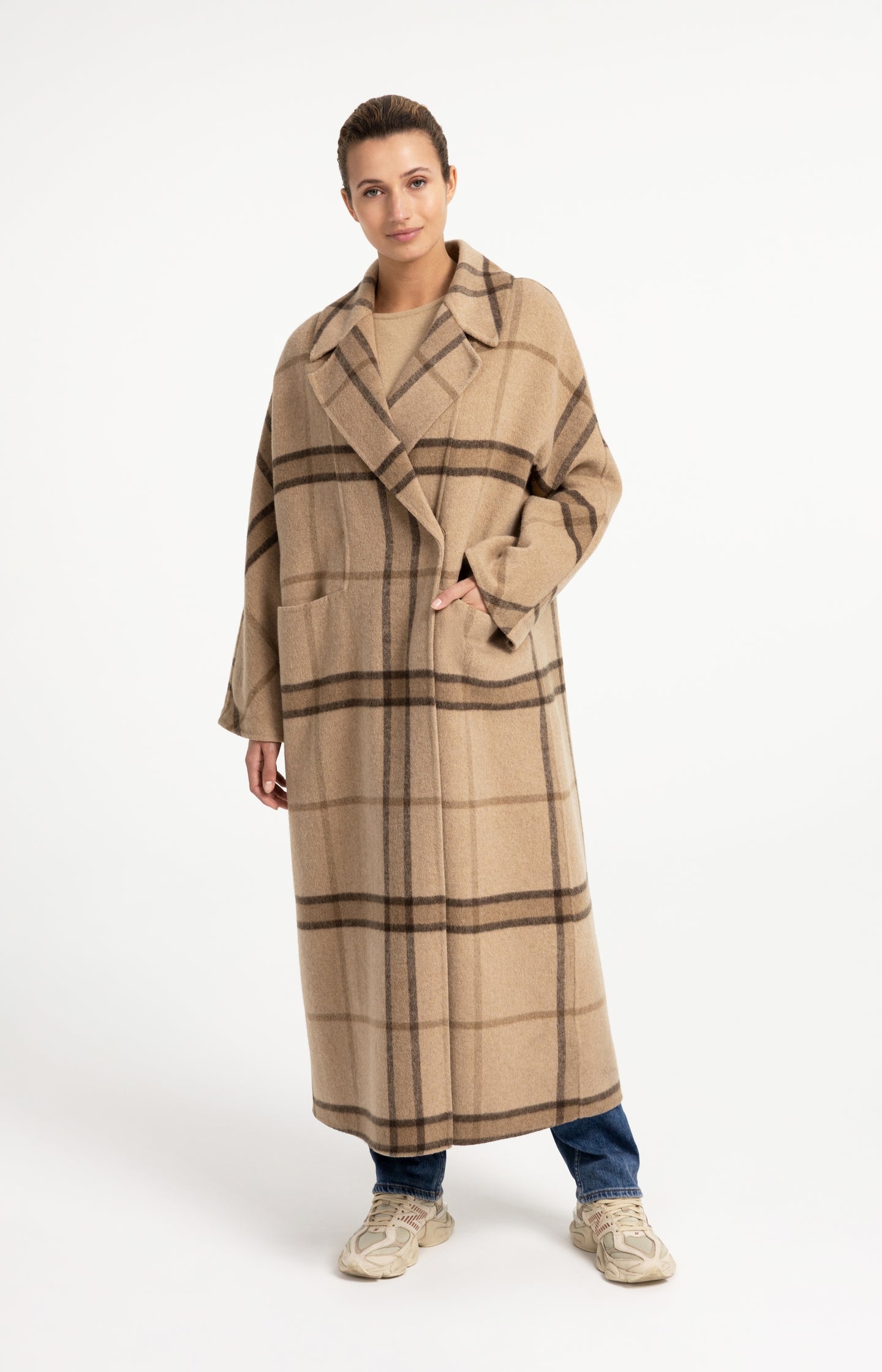 Long checked wool blend coat with oversized fit - Type: lookbook