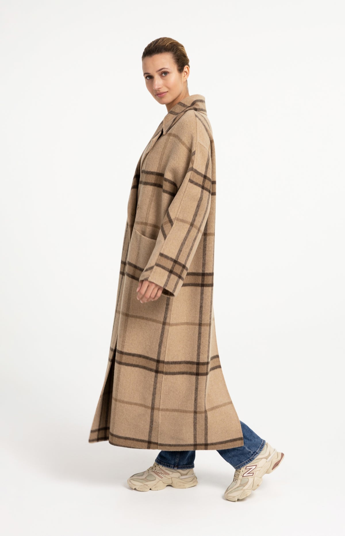 Long checked wool blend coat with oversized fit