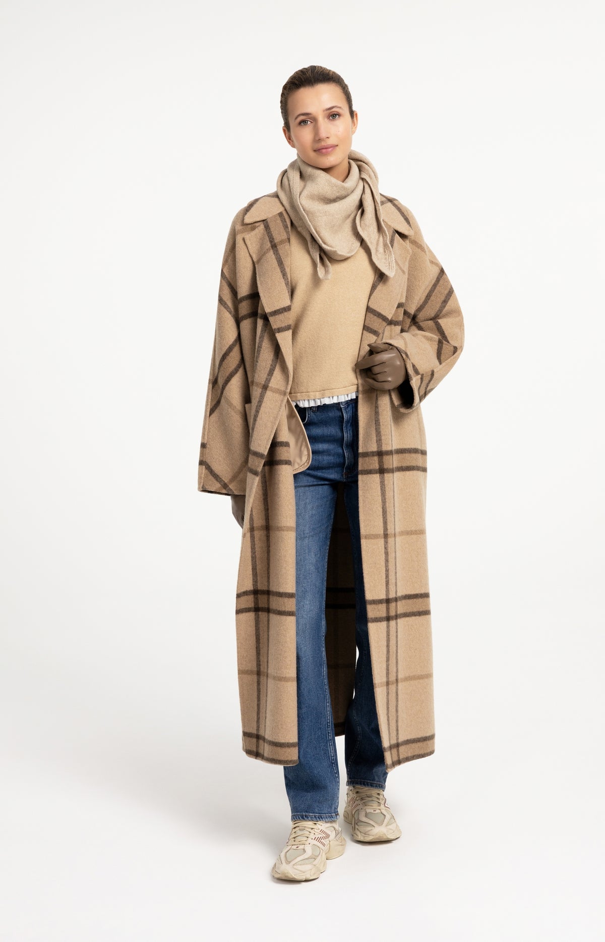 Long checked wool blend coat with oversized fit