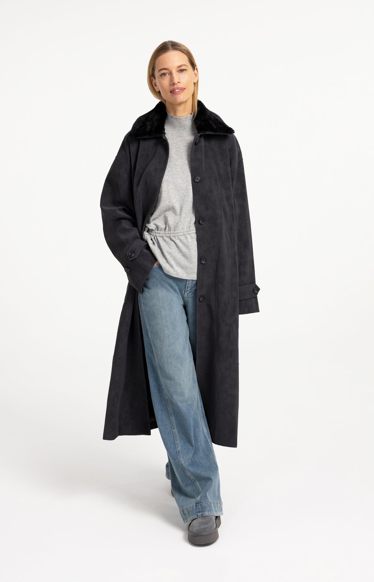 Long faux suede coat with detachable collar