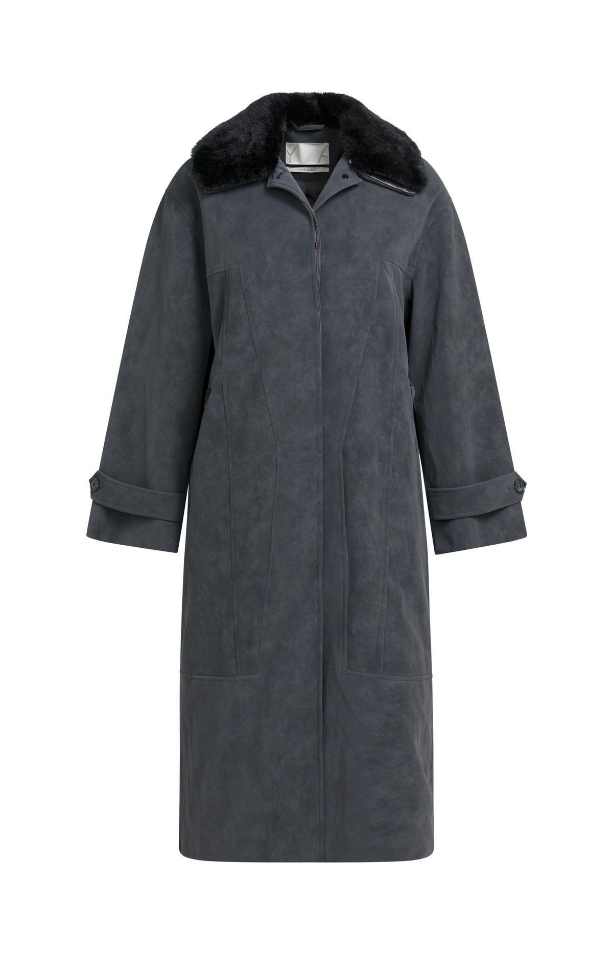 Long faux suede coat with detachable collar