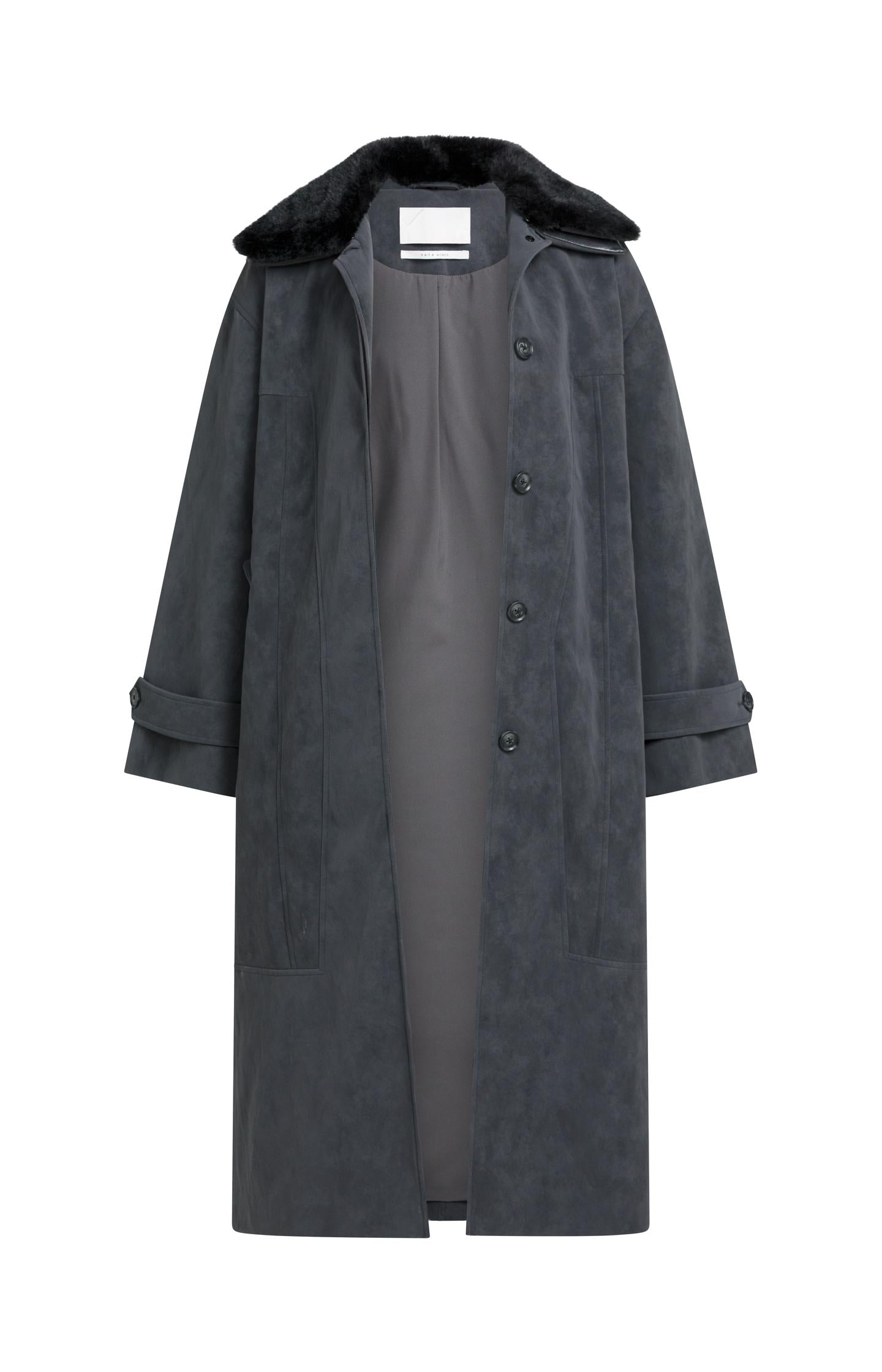 Long faux suede coat with detachable collar