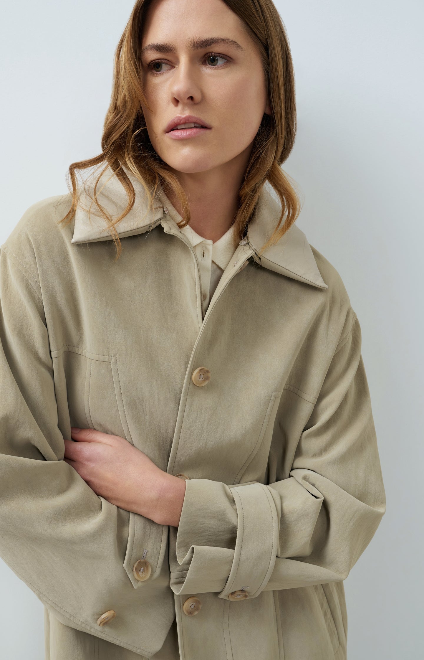 Long faux suede coat with detachable collar