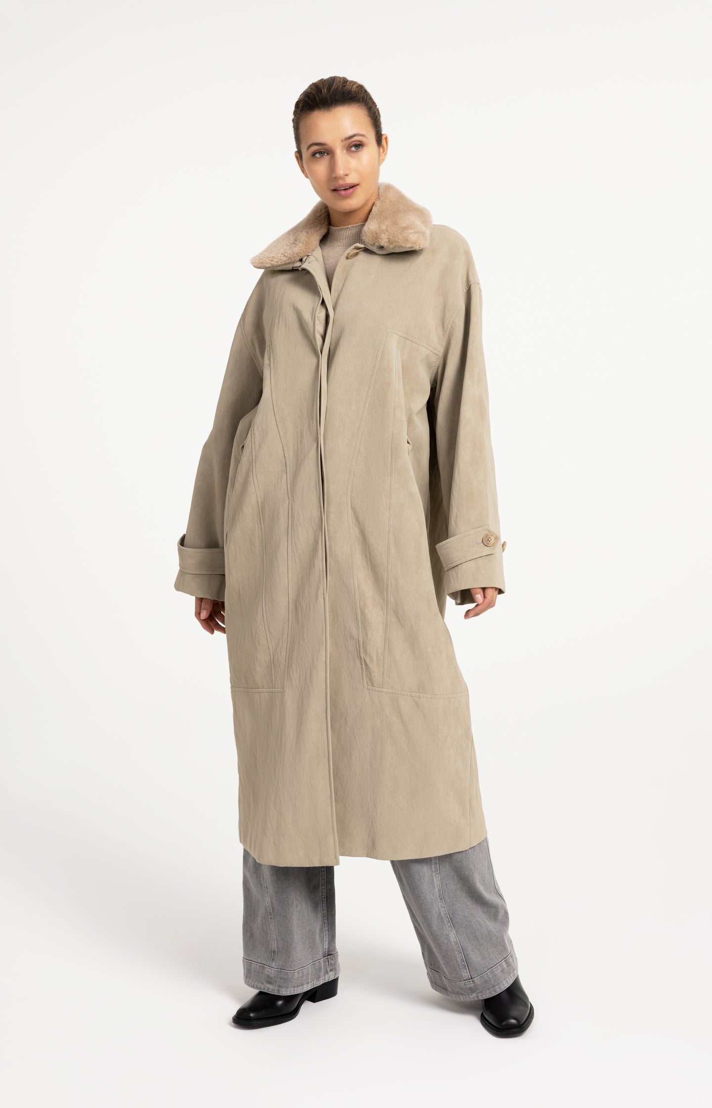 Long faux suede coat with detachable collar