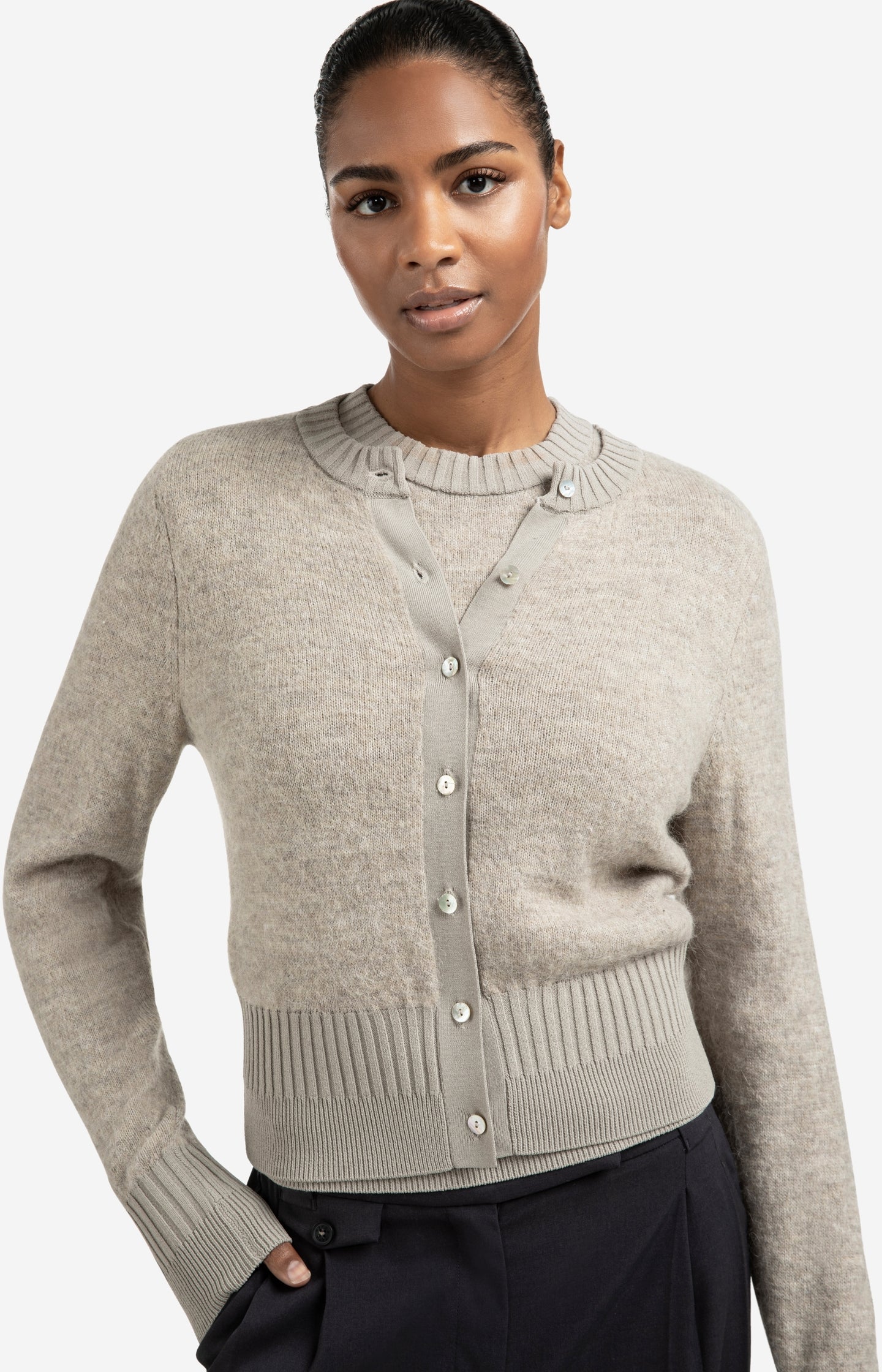 Long sleeve cardigan with double rib details