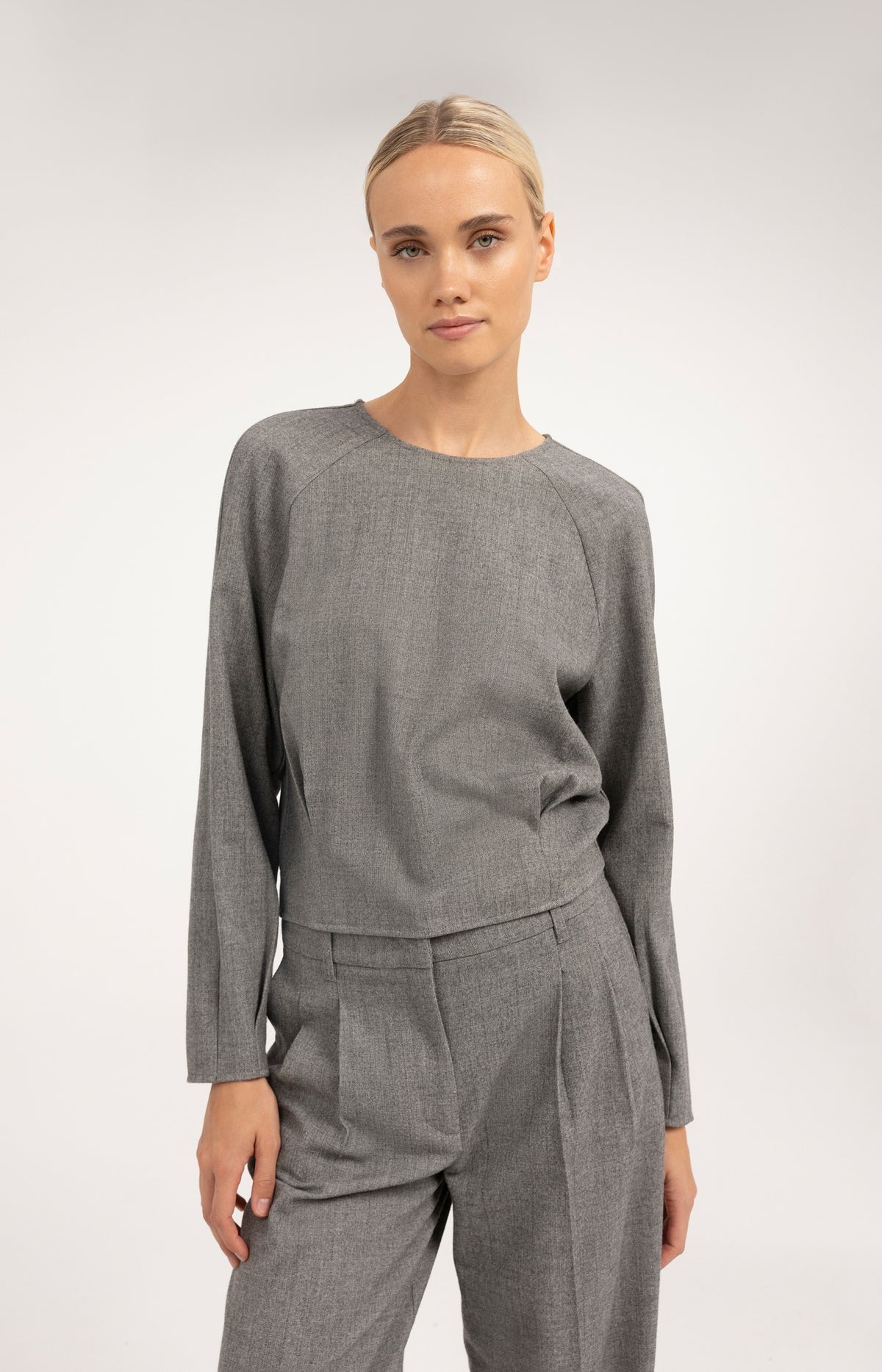 Long sleeve top with blouson hem - Medium Grey Melange