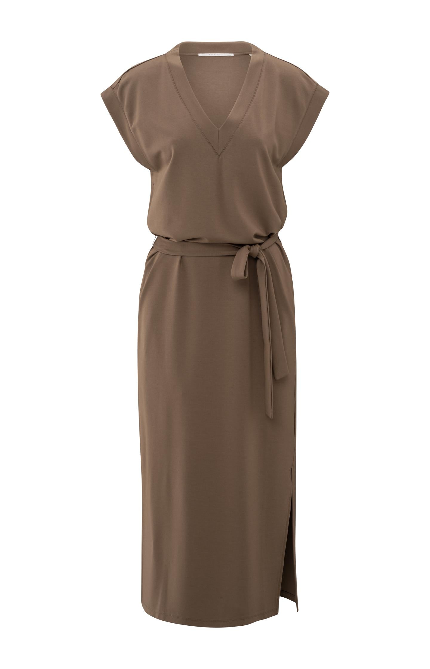 Long T-shirt dress with V-neck and belt - Type: product