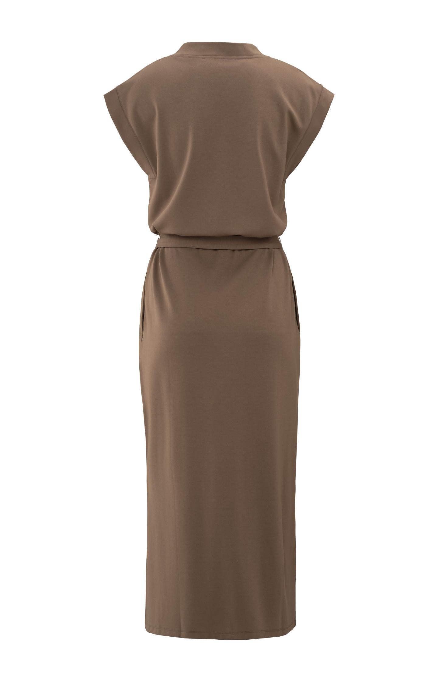 Long T-shirt dress with V-neck and belt