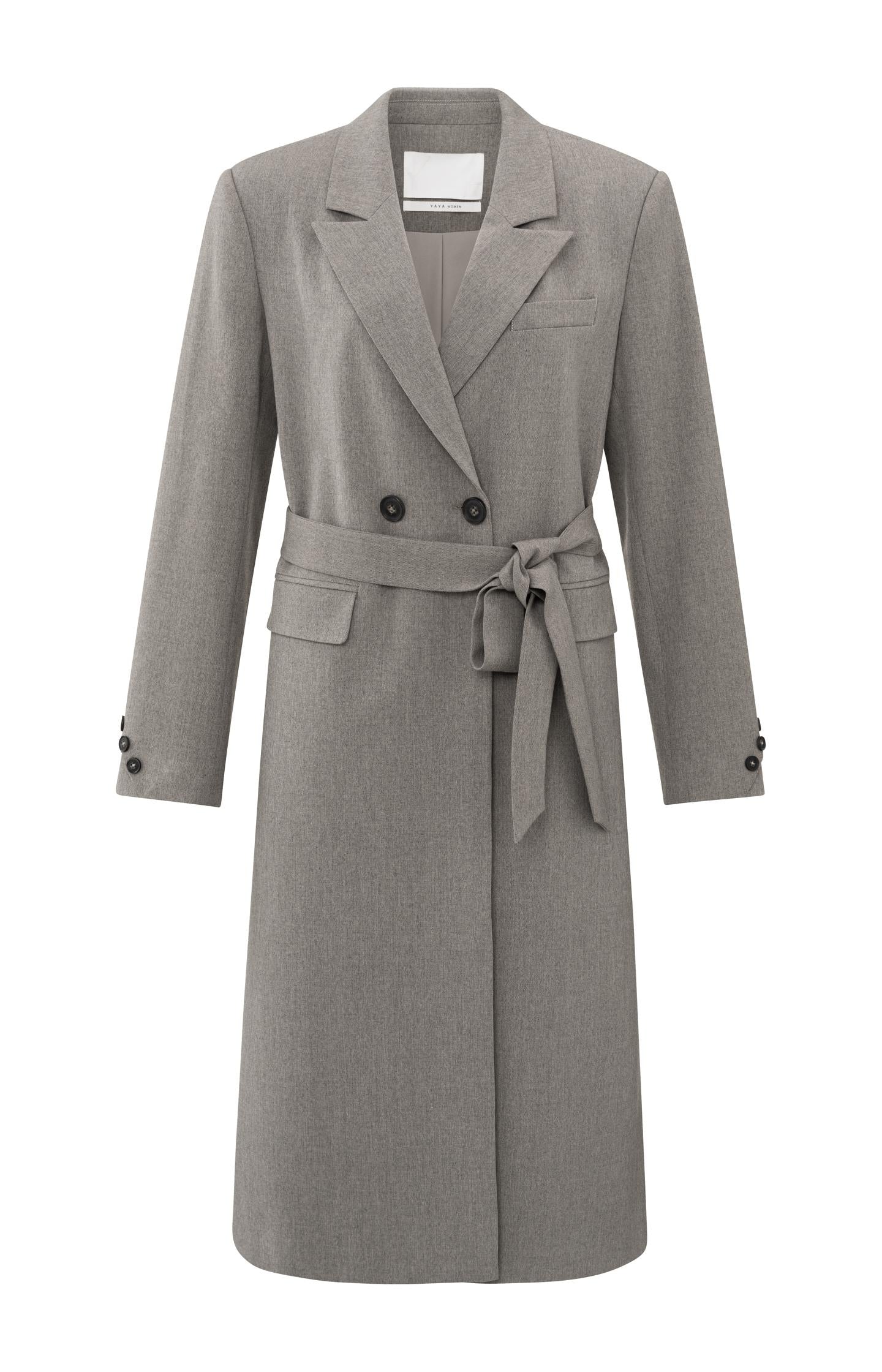 Long woven blazer coat with belt, pockets and collar - Type: product