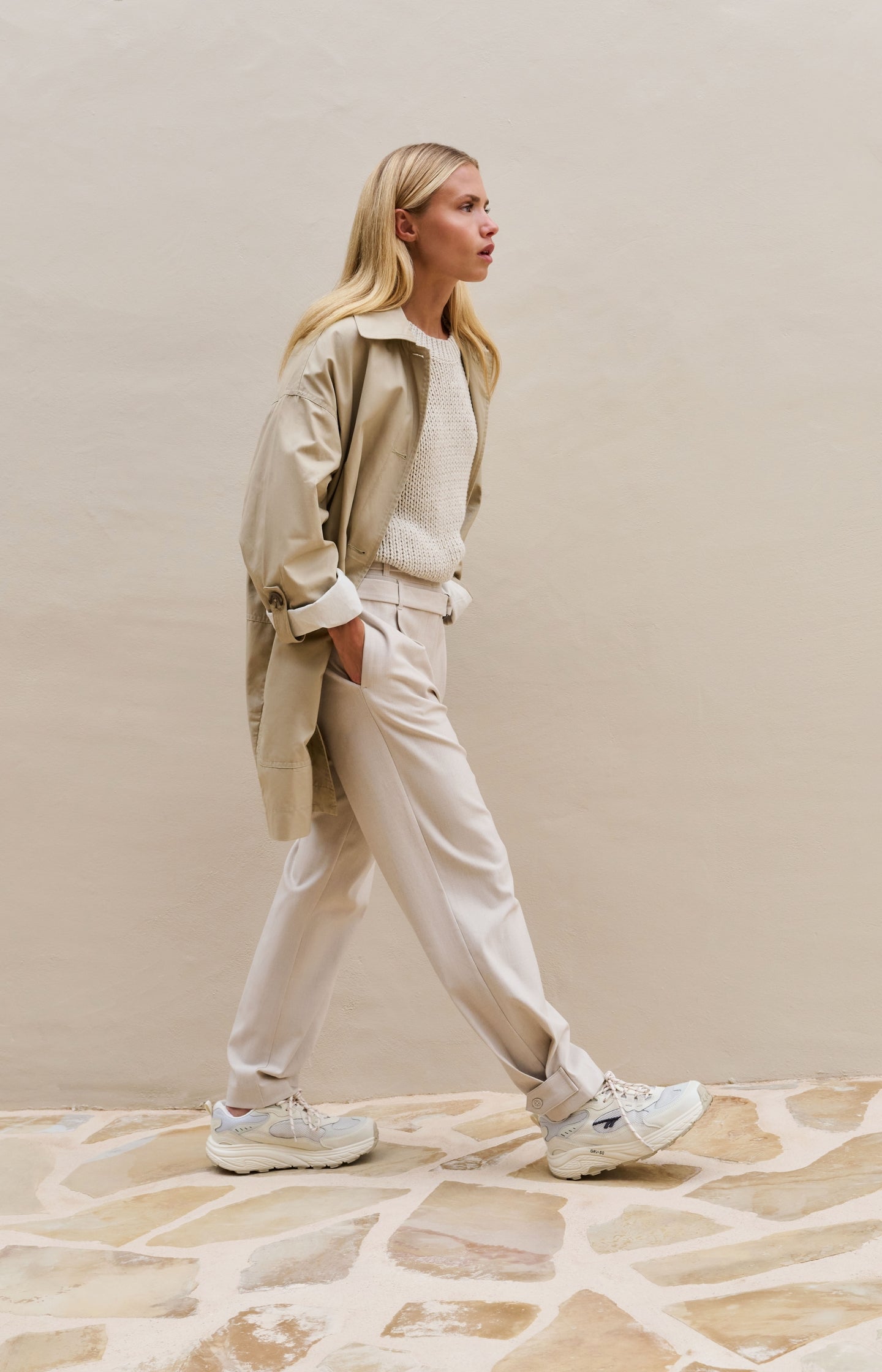 Loose fit trousers with double belt and button detail - Beige - Type: lookbook