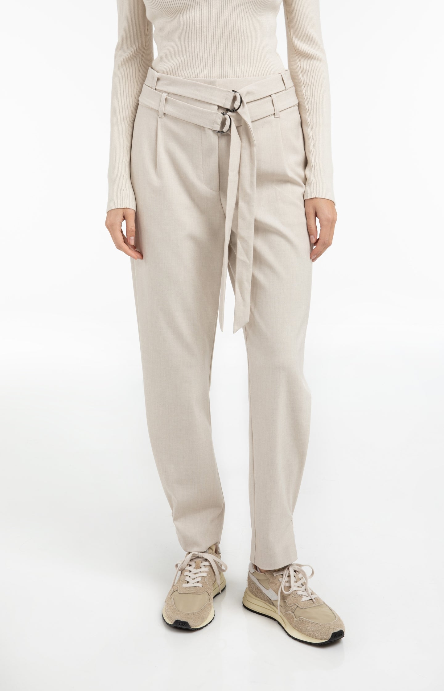 Loose fit trousers with double belt and button detail - Beige