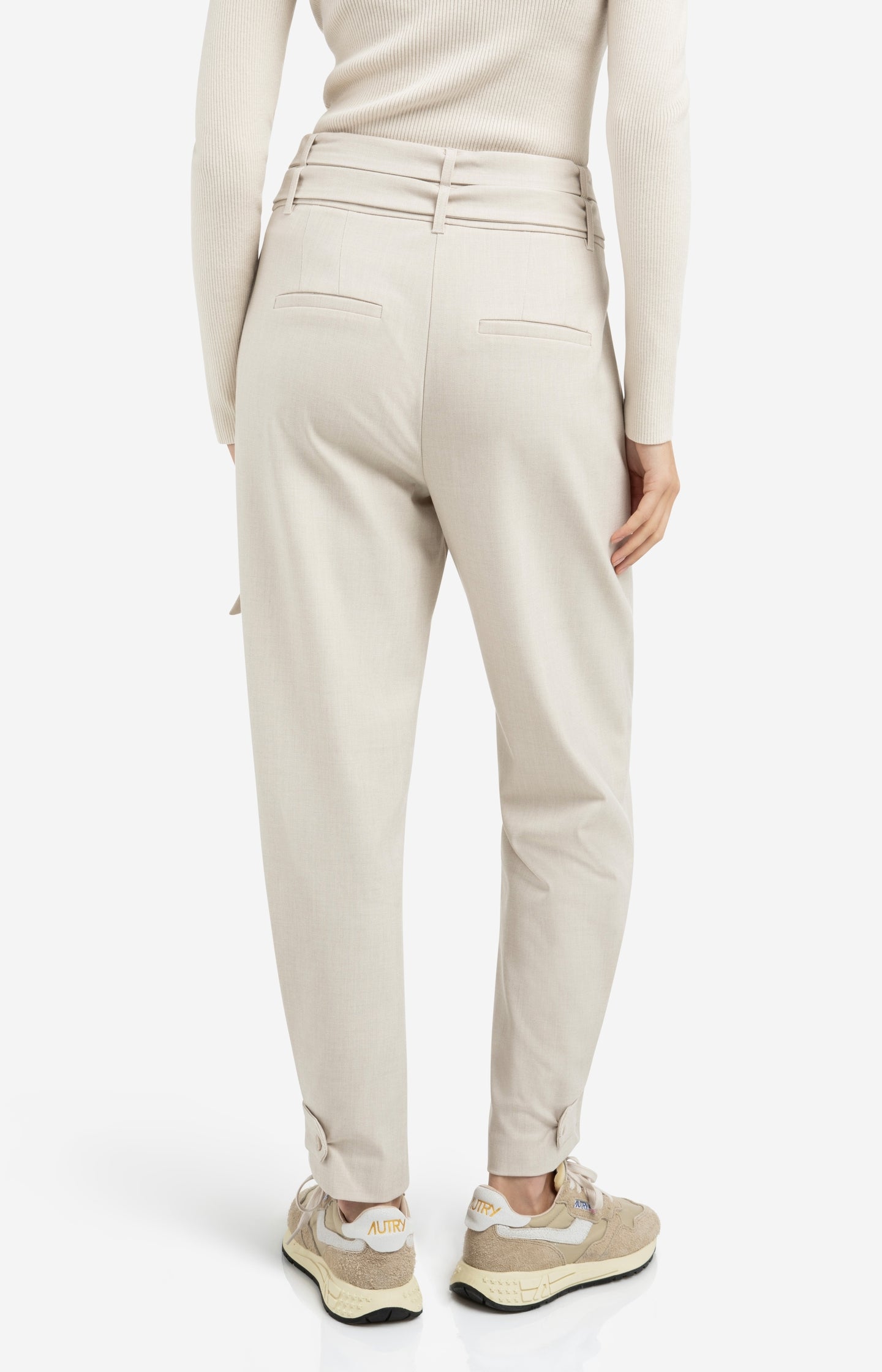 Loose fit trousers with double belt and button detail - Beige