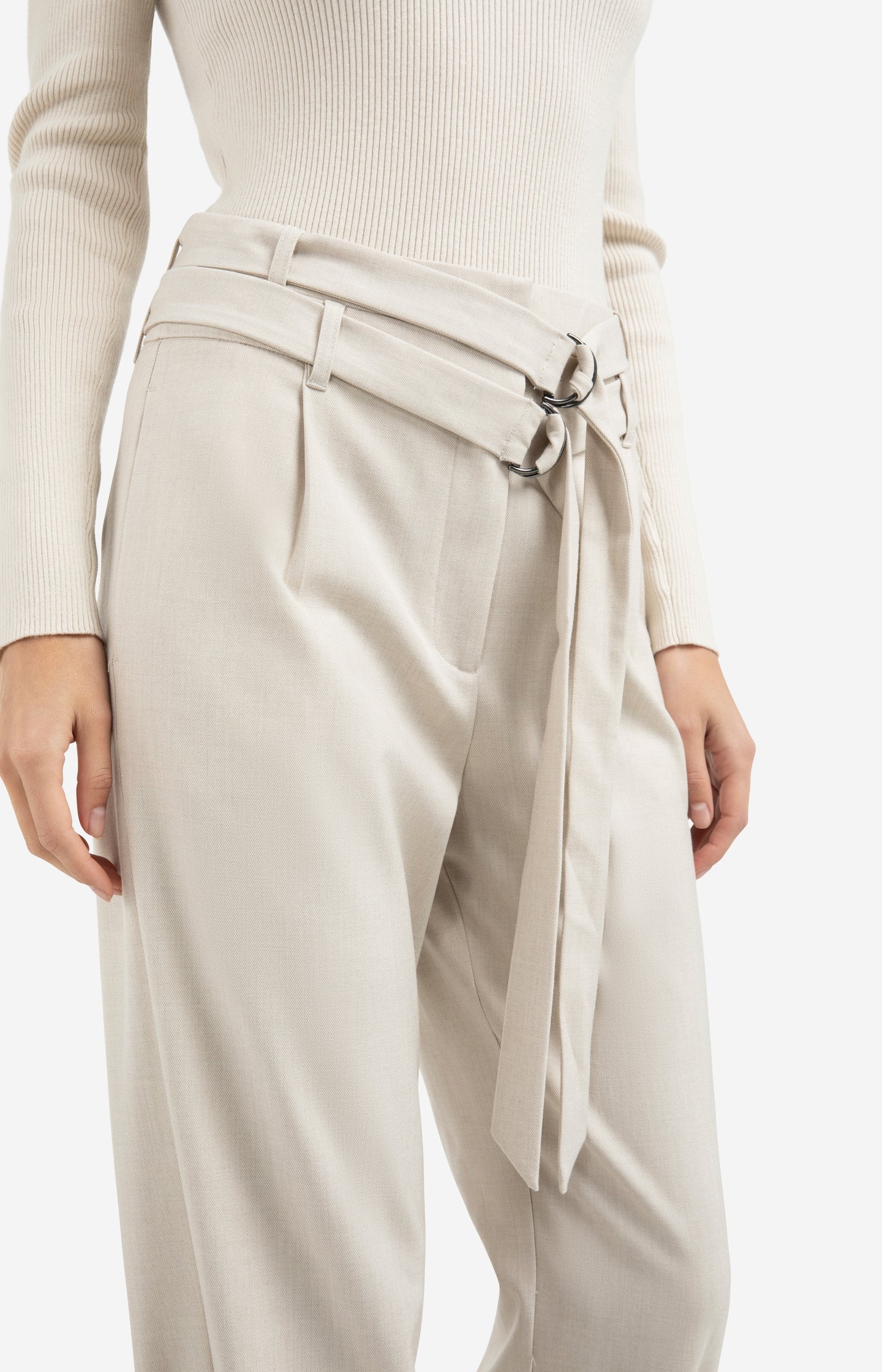 Loose fit trousers with double belt and button detail - Beige