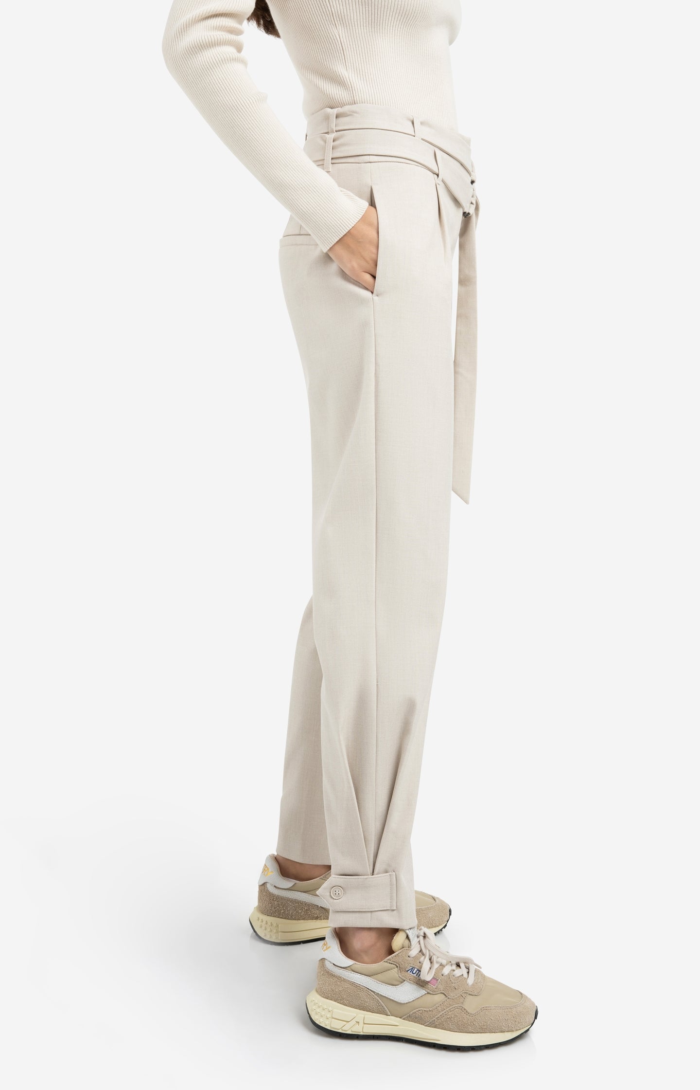 Loose fit trousers with double belt and button detail - Beige