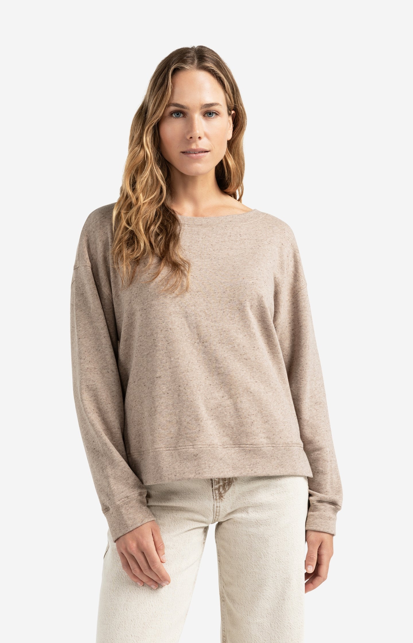 Mélange sweatshirt with boat neckline and side slit - Type: lookbook