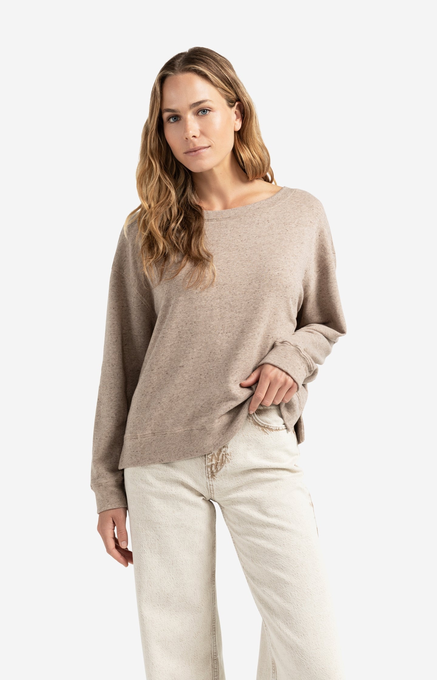 Mélange sweatshirt with boat neckline and side slit