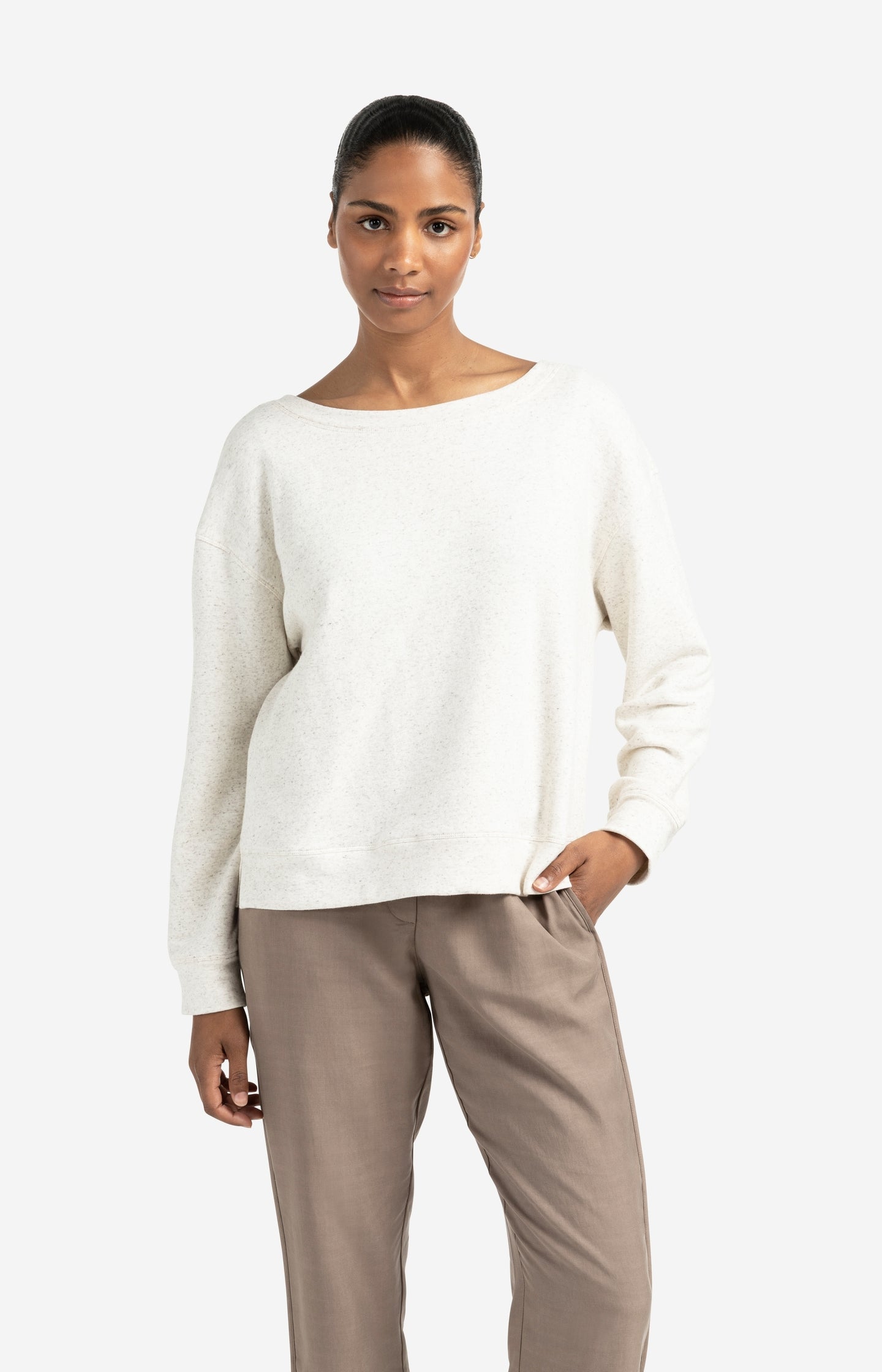 Mélange sweatshirt with boat neckline and side slit