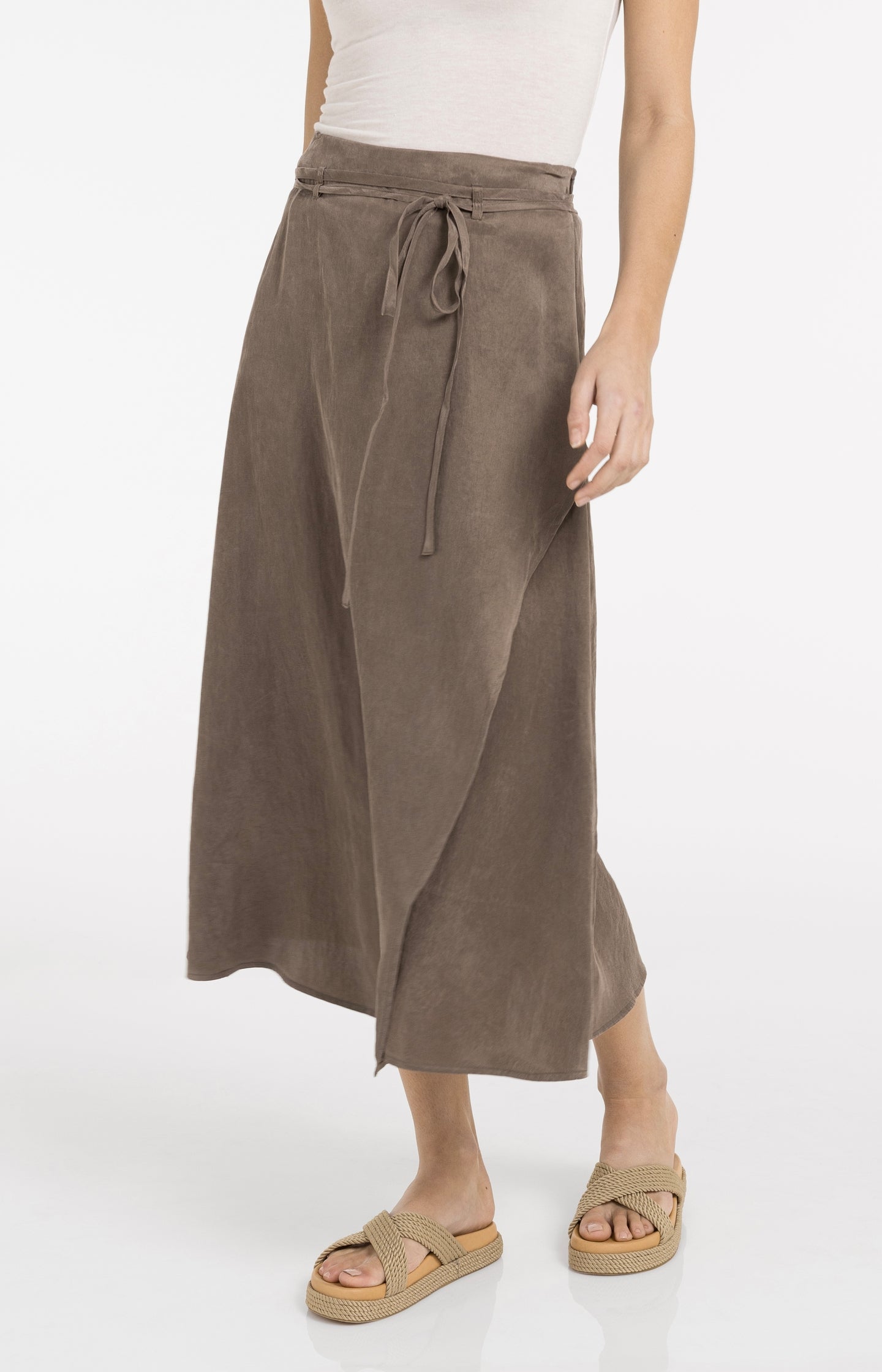 Midi skirt with wrap effect and tie belt