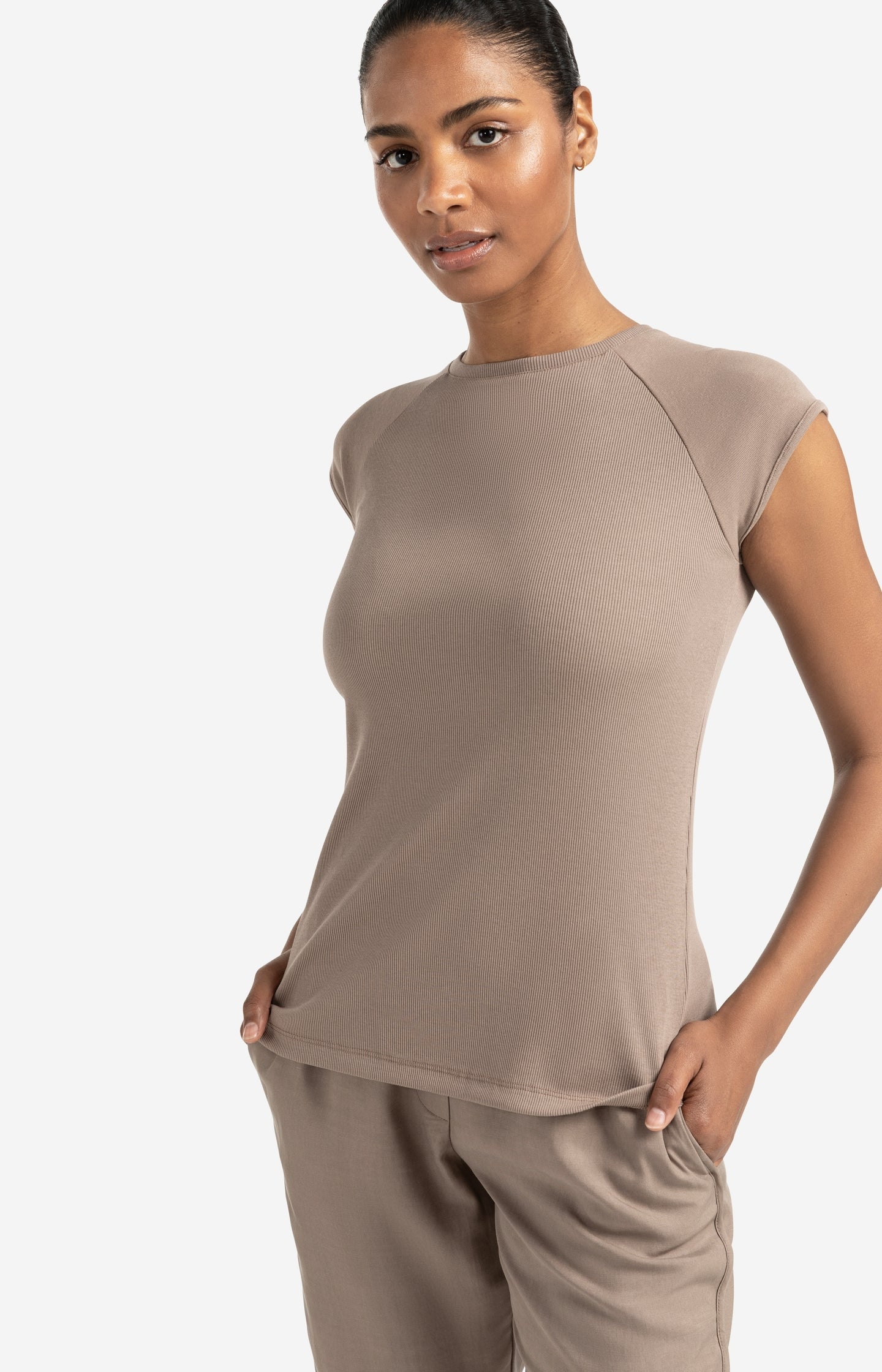 Mixed fabric T-shirt with plain sleeves - Type: lookbook