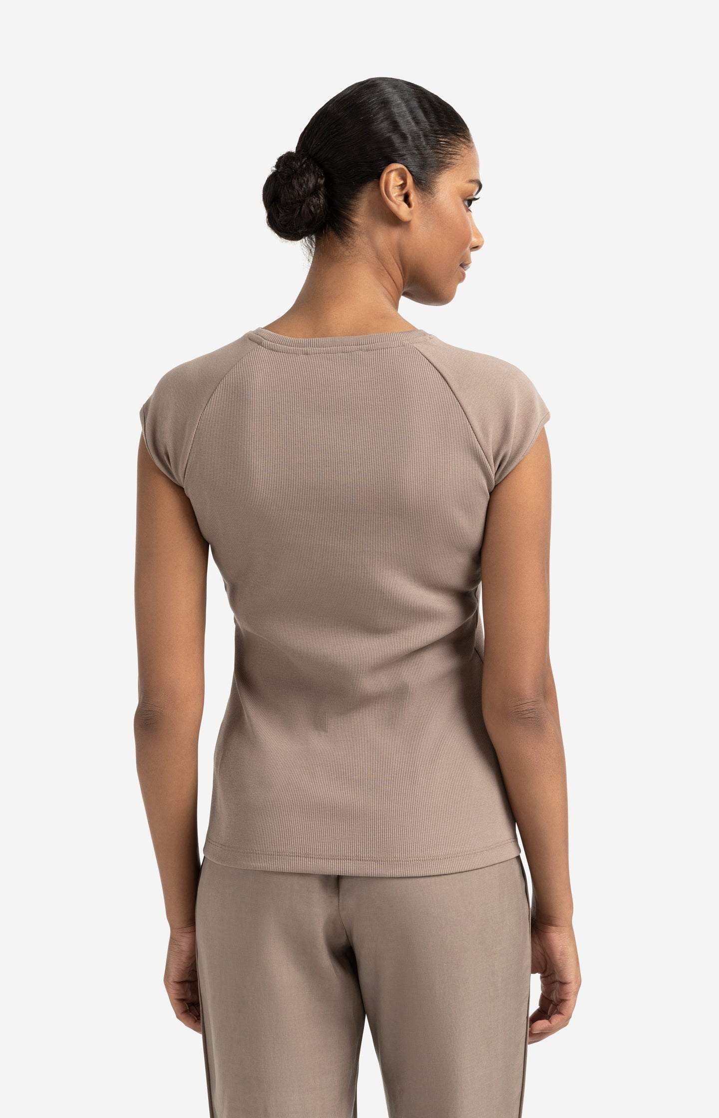 Mixed fabric T-shirt with plain sleeves