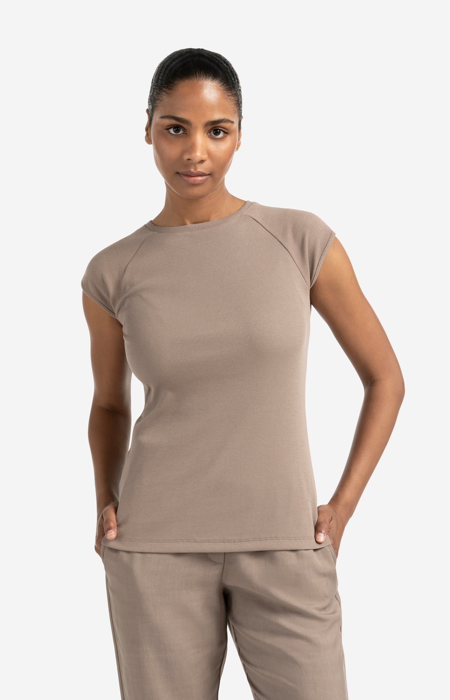 Mixed fabric T-shirt with plain sleeves