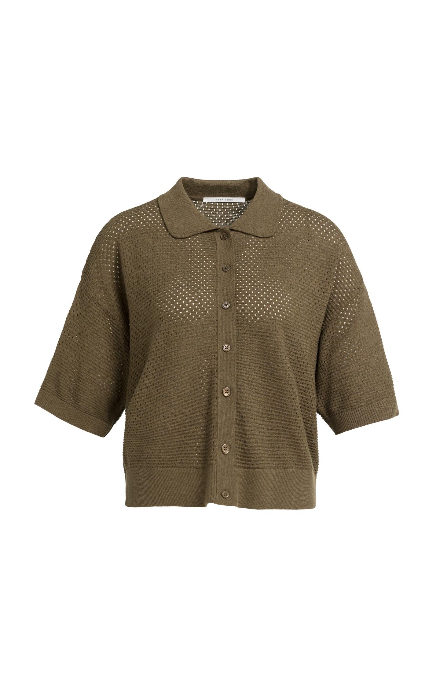 Open knit cardigan with collar and short sleeves
