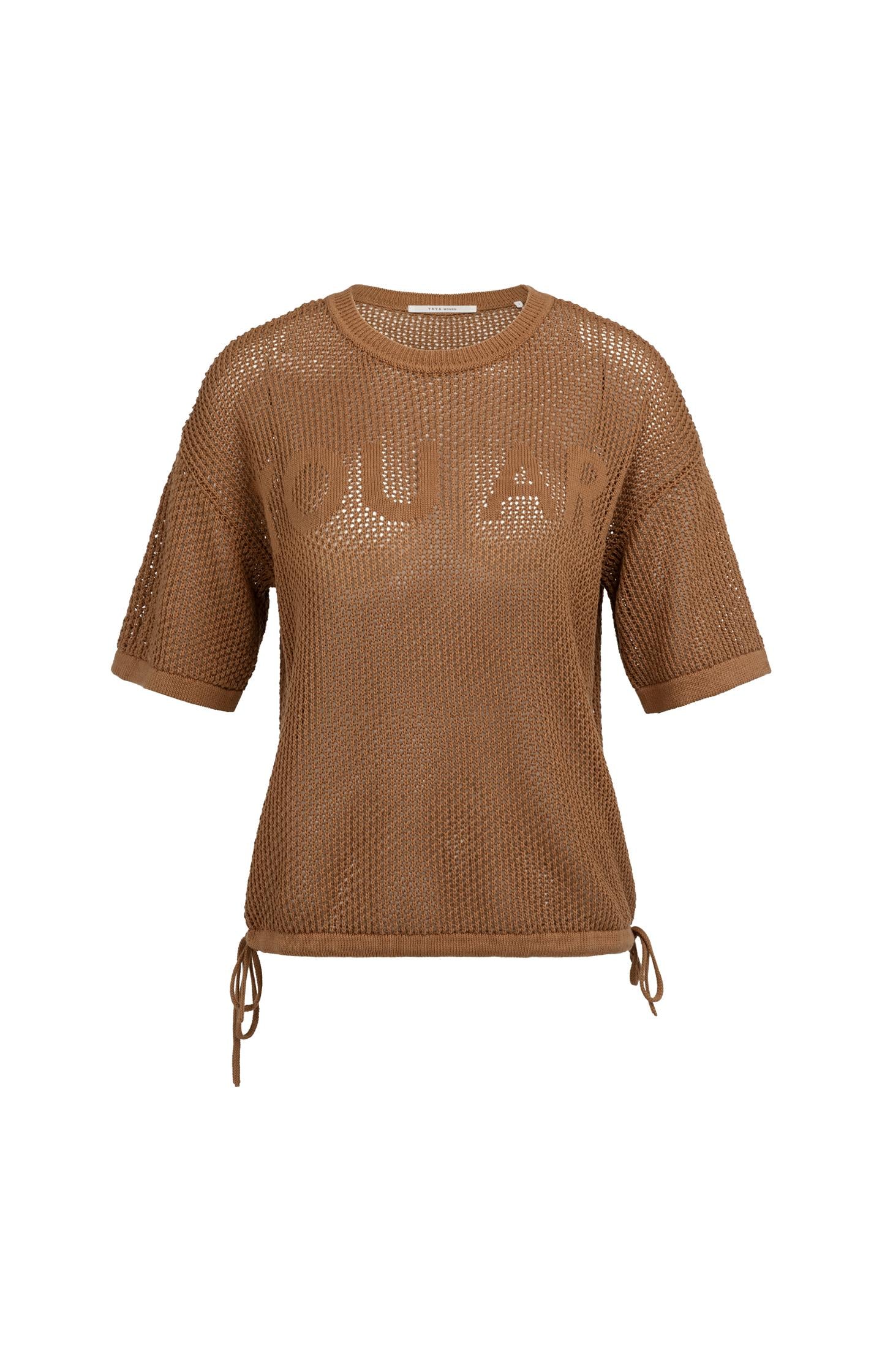 Open-knit top with short sleeves and artwork