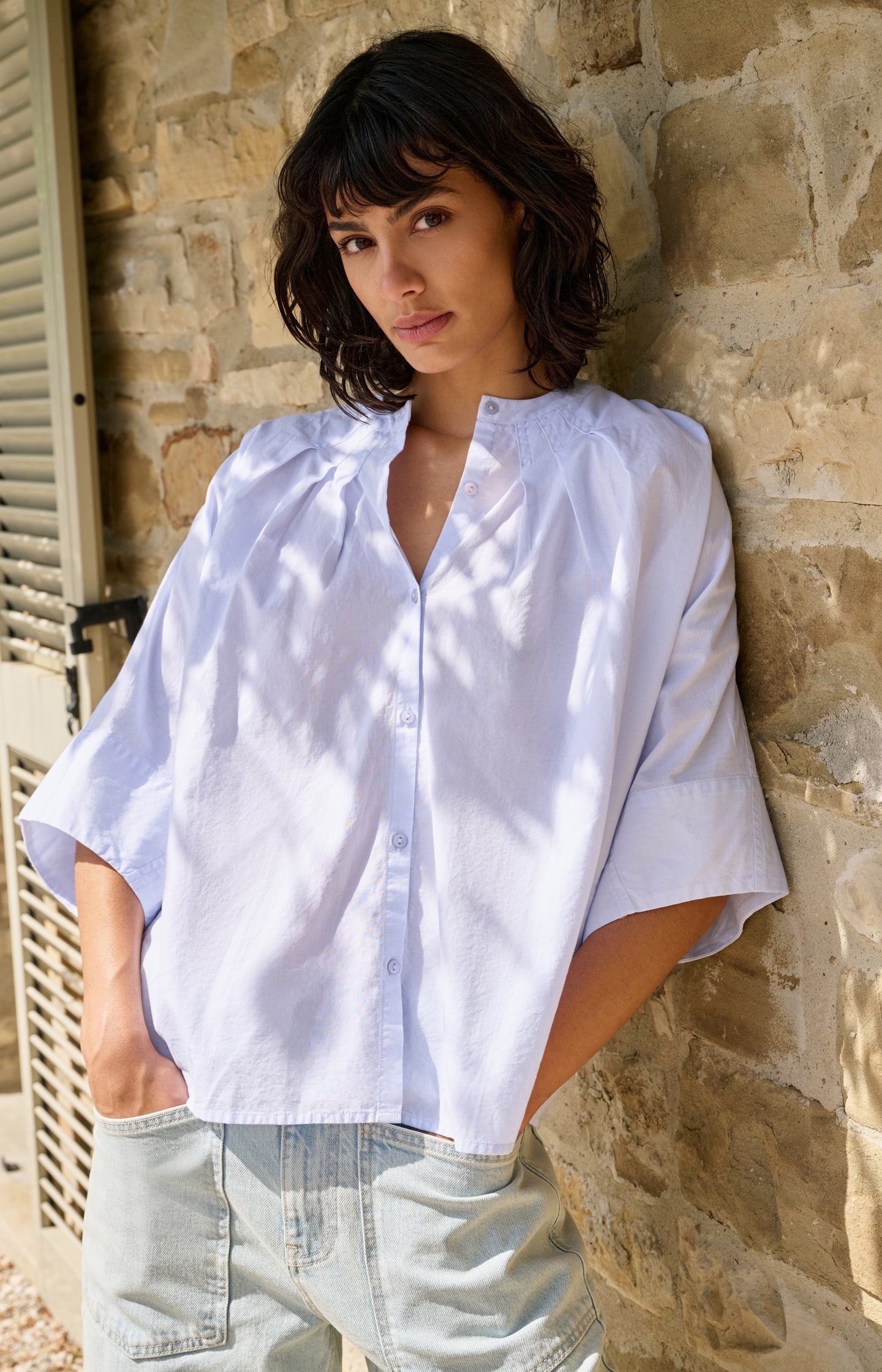Oversized batwing blouse with pleats and wide sleeves - Type: lookbook