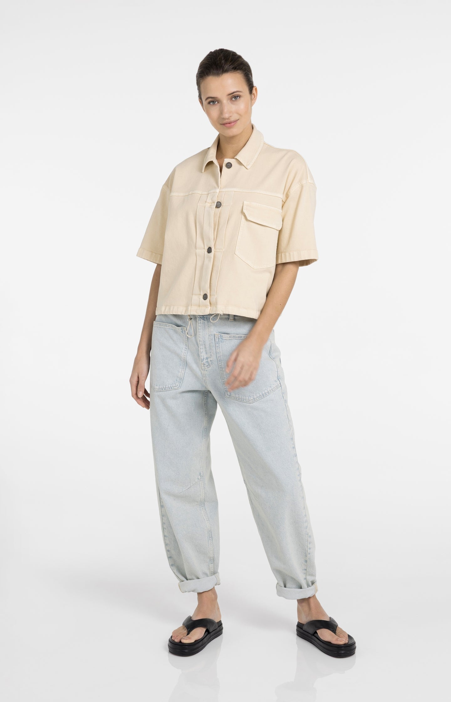 Oversized denim worker jacket with short sleeves