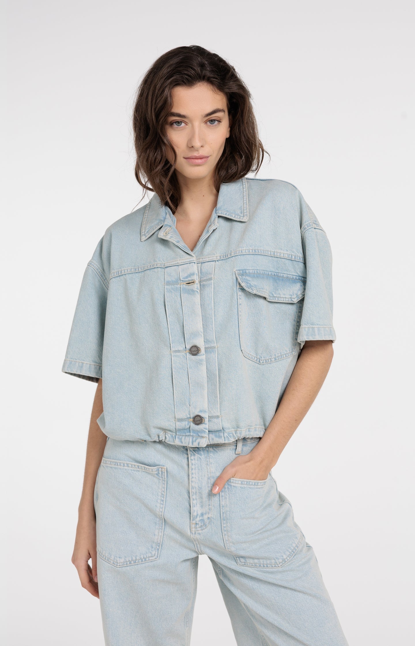 Oversized denim worker jacket with short sleeves