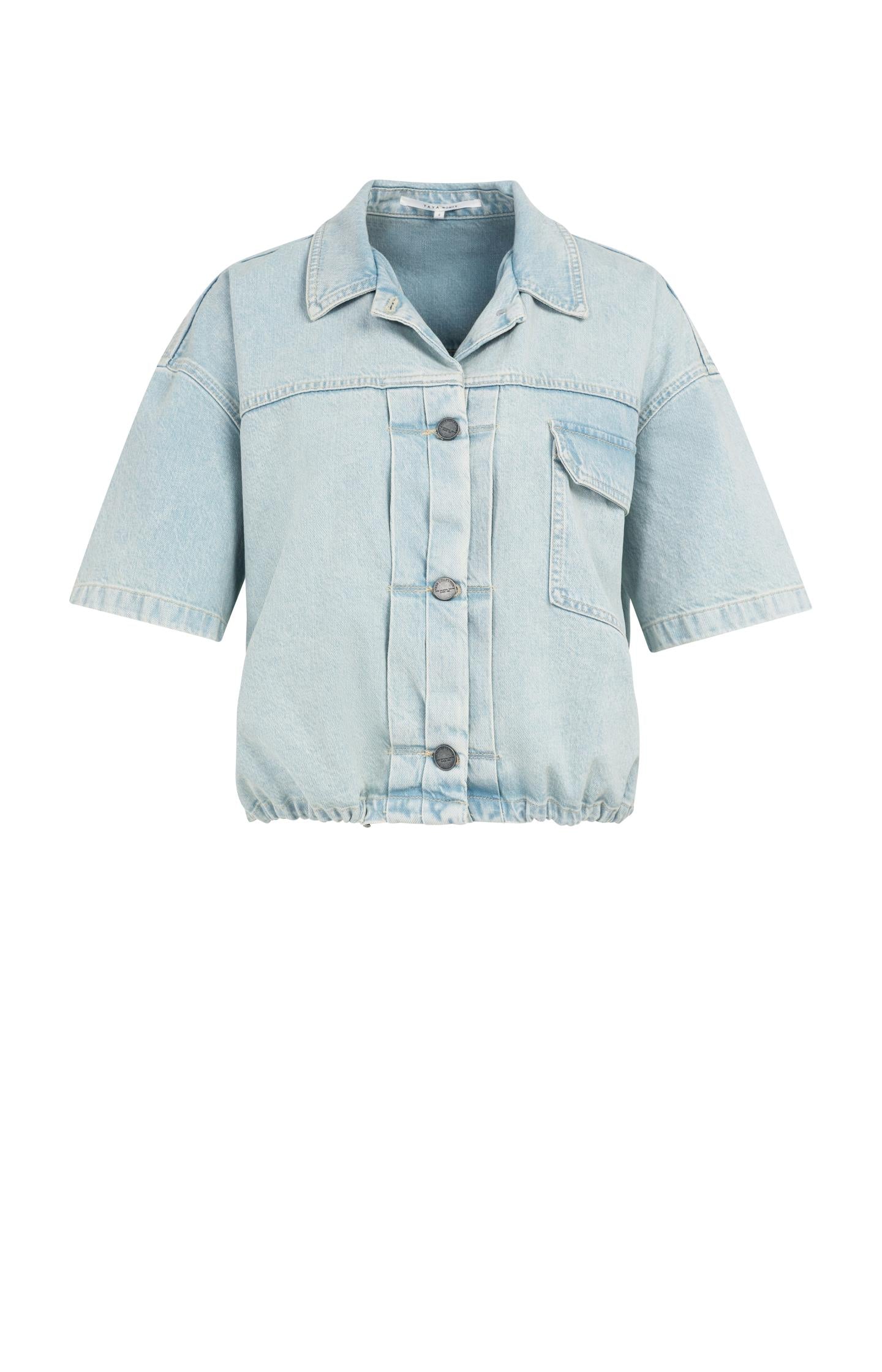 Oversized denim worker jacket with short sleeves