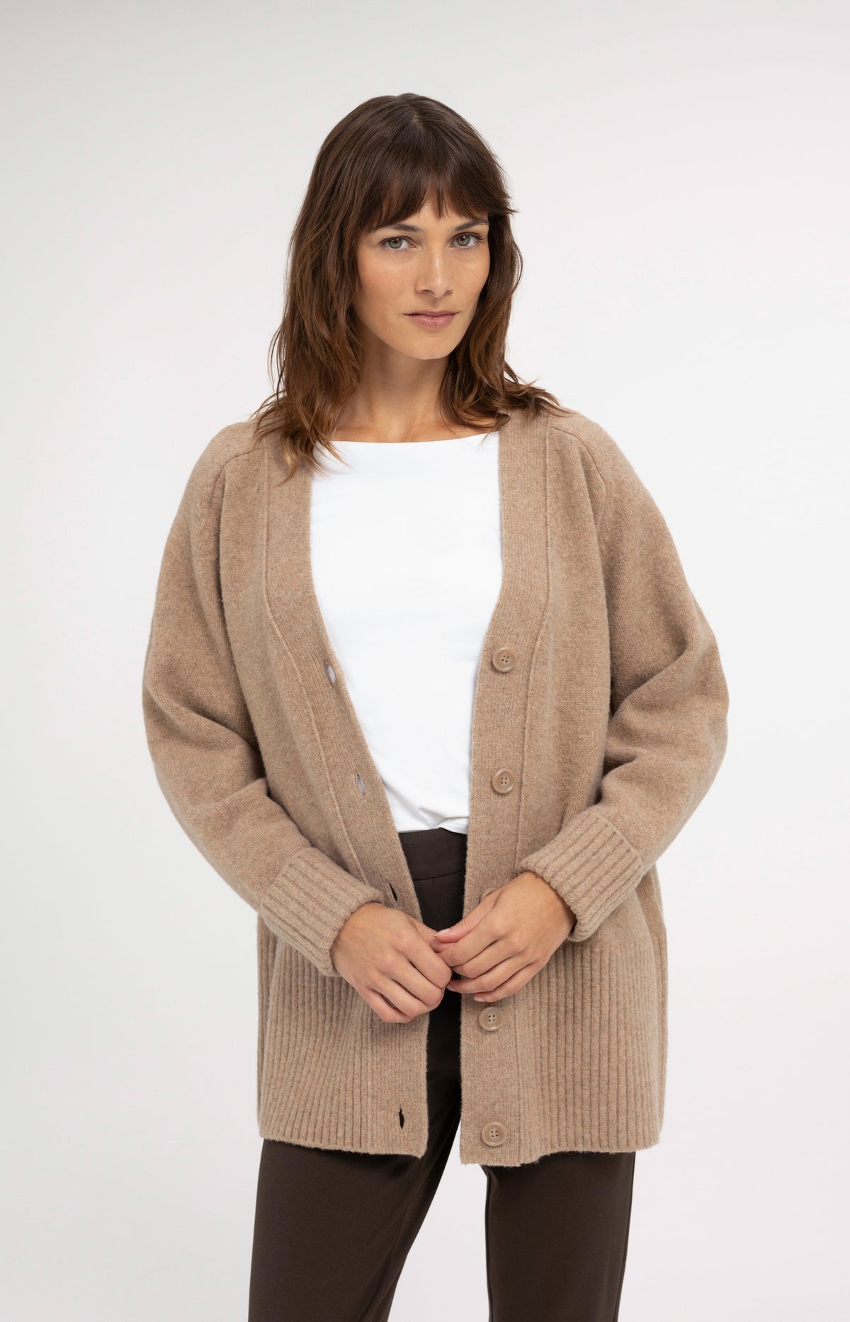 Oversized rib-knit cardigan - Dark Beige Melange