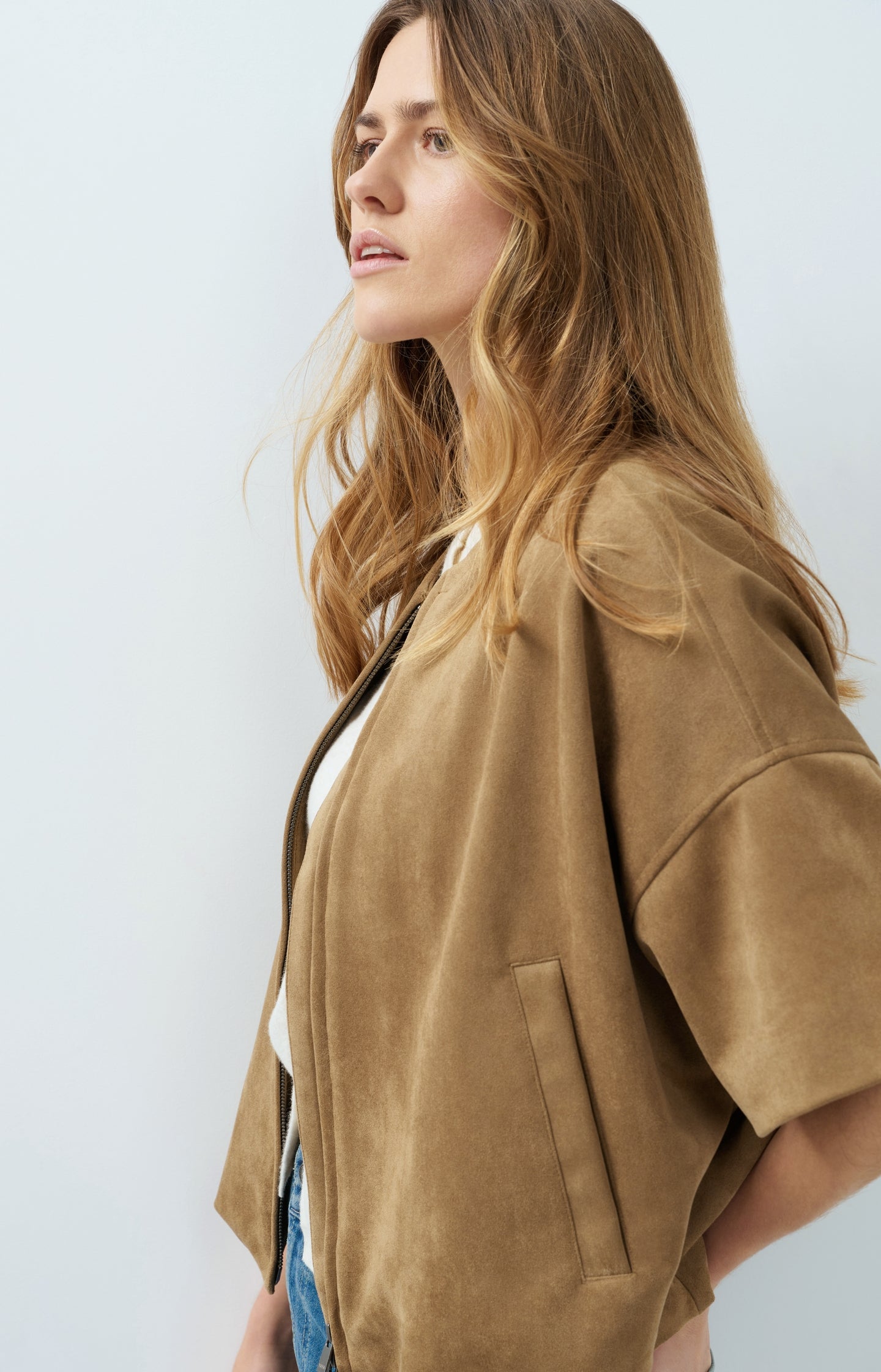 Oversized suedine jacket with short sleeves