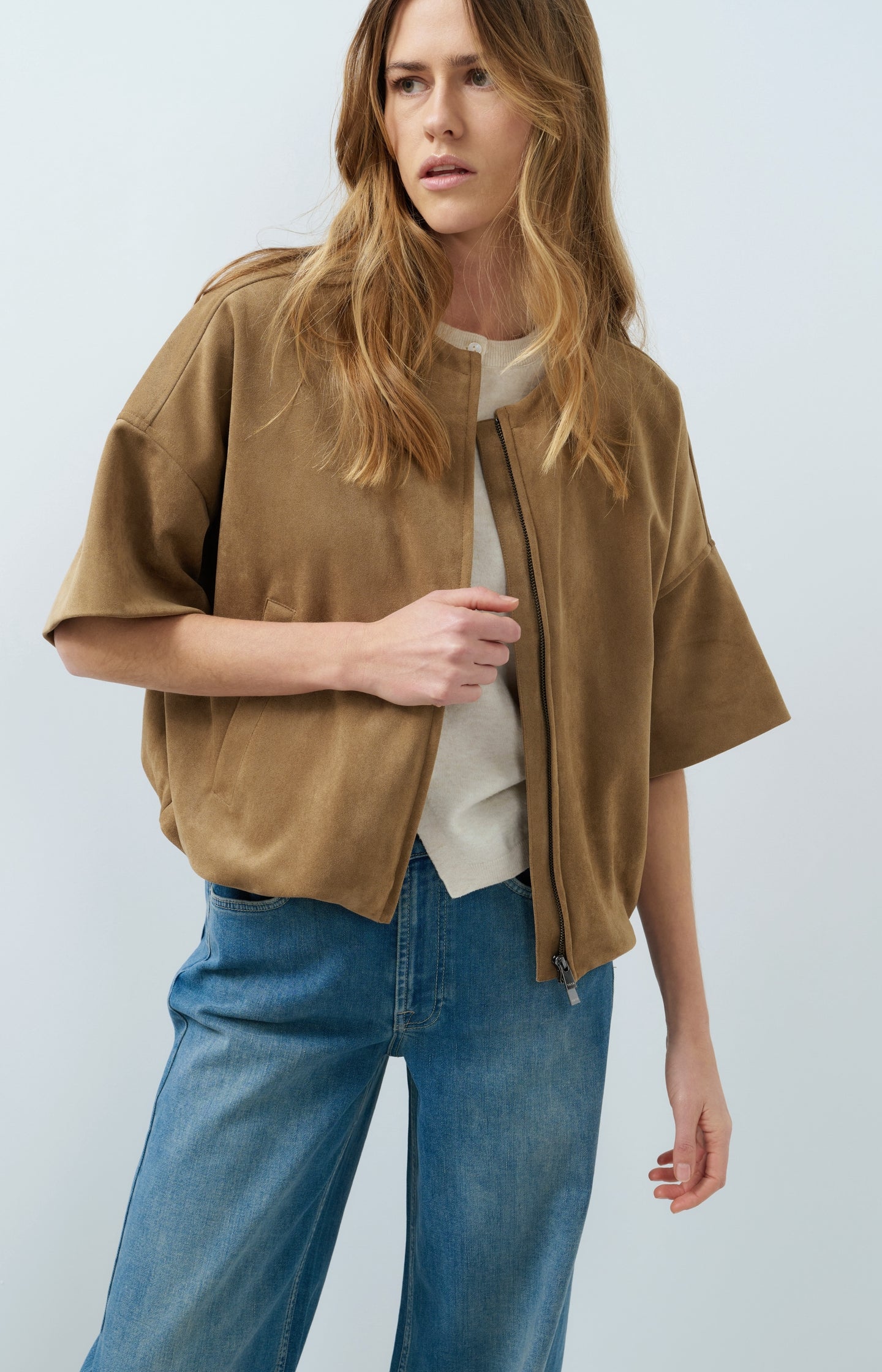 Oversized suedine jacket with short sleeves