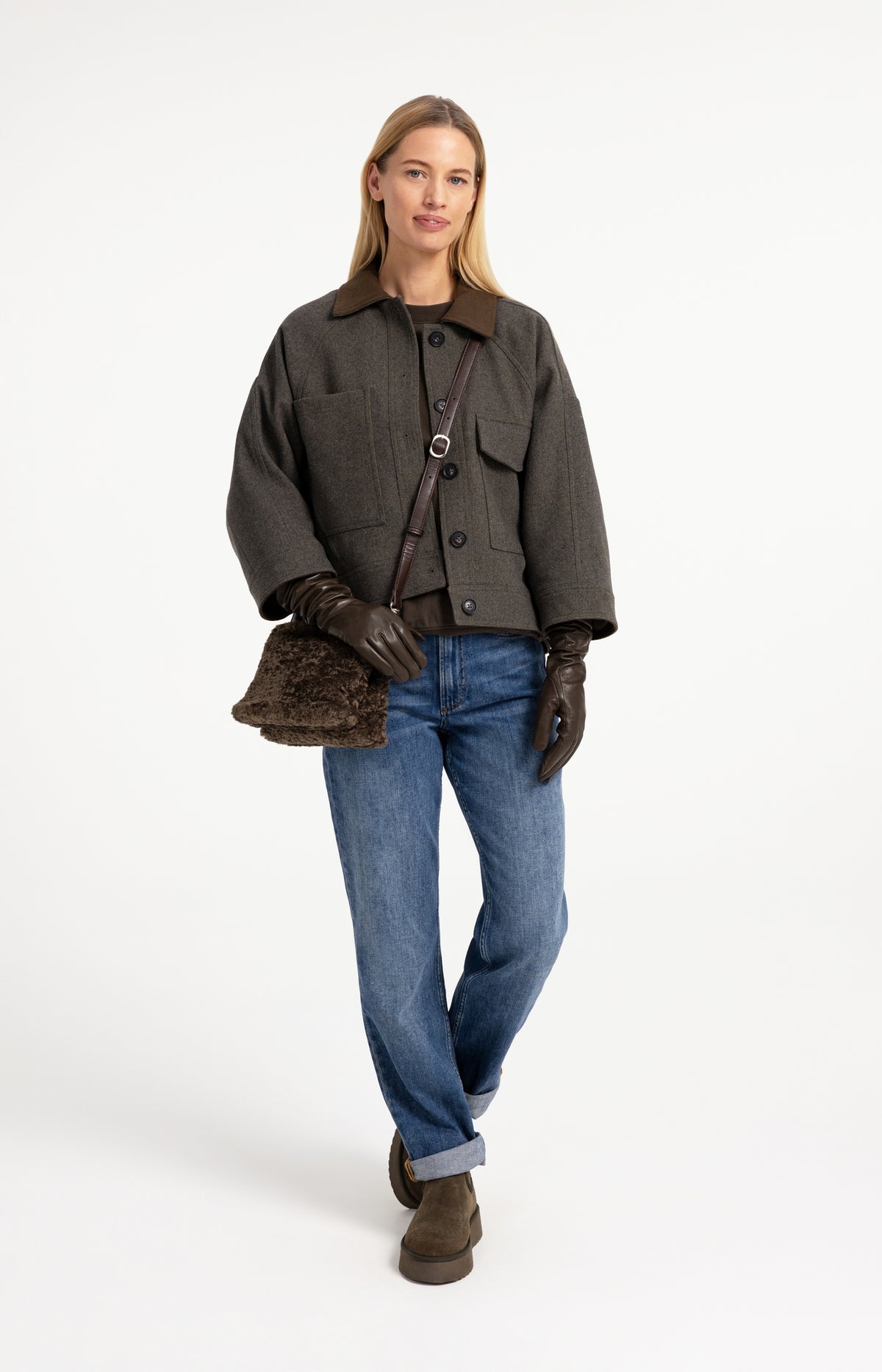Oversized wool blend jacket with contrast collar