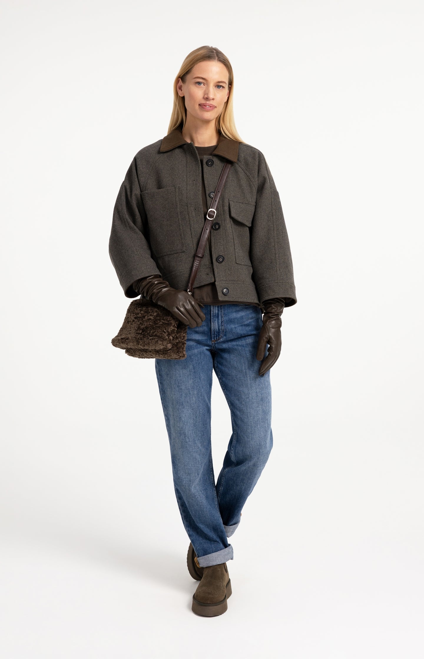 Oversized wool blend jacket with contrast collar