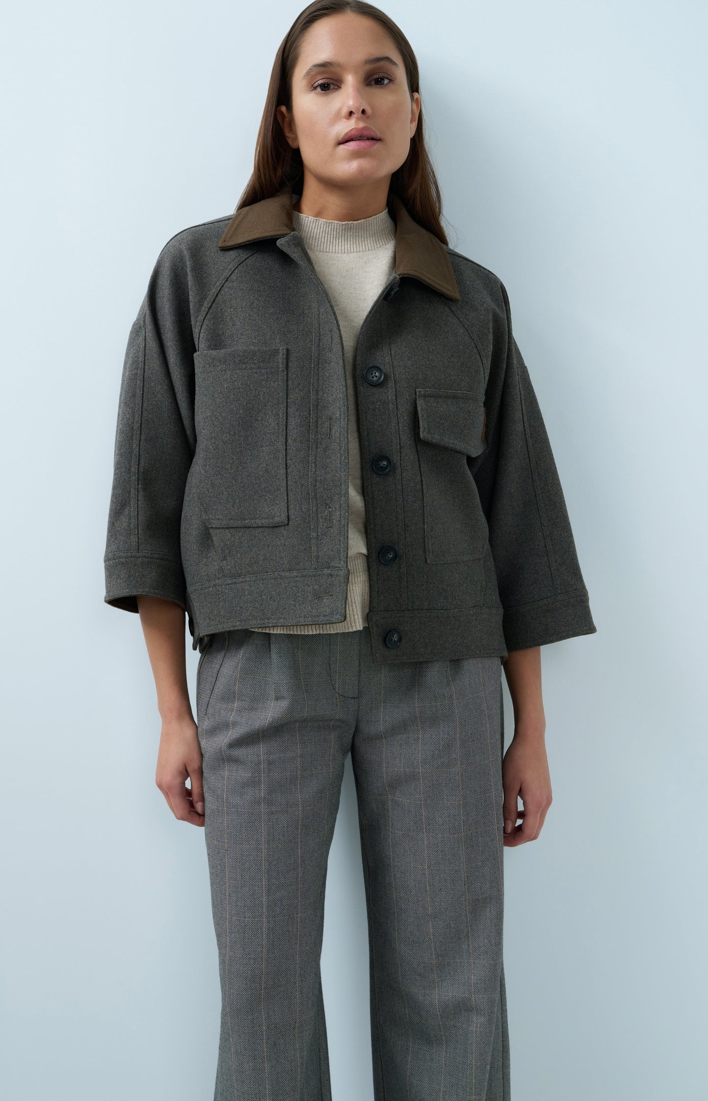 Oversized wool blend jacket with contrast collar