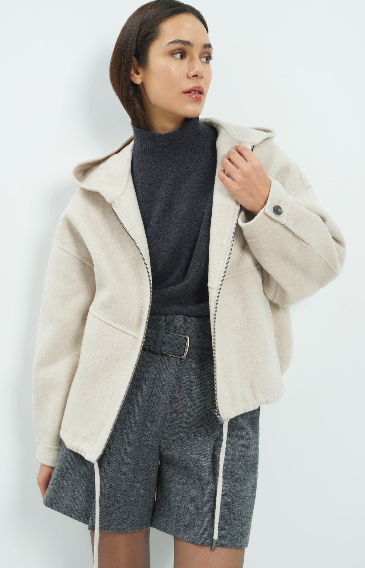 Oversized wool blend jacket with hood - Pure Cashmere Grey Melange
