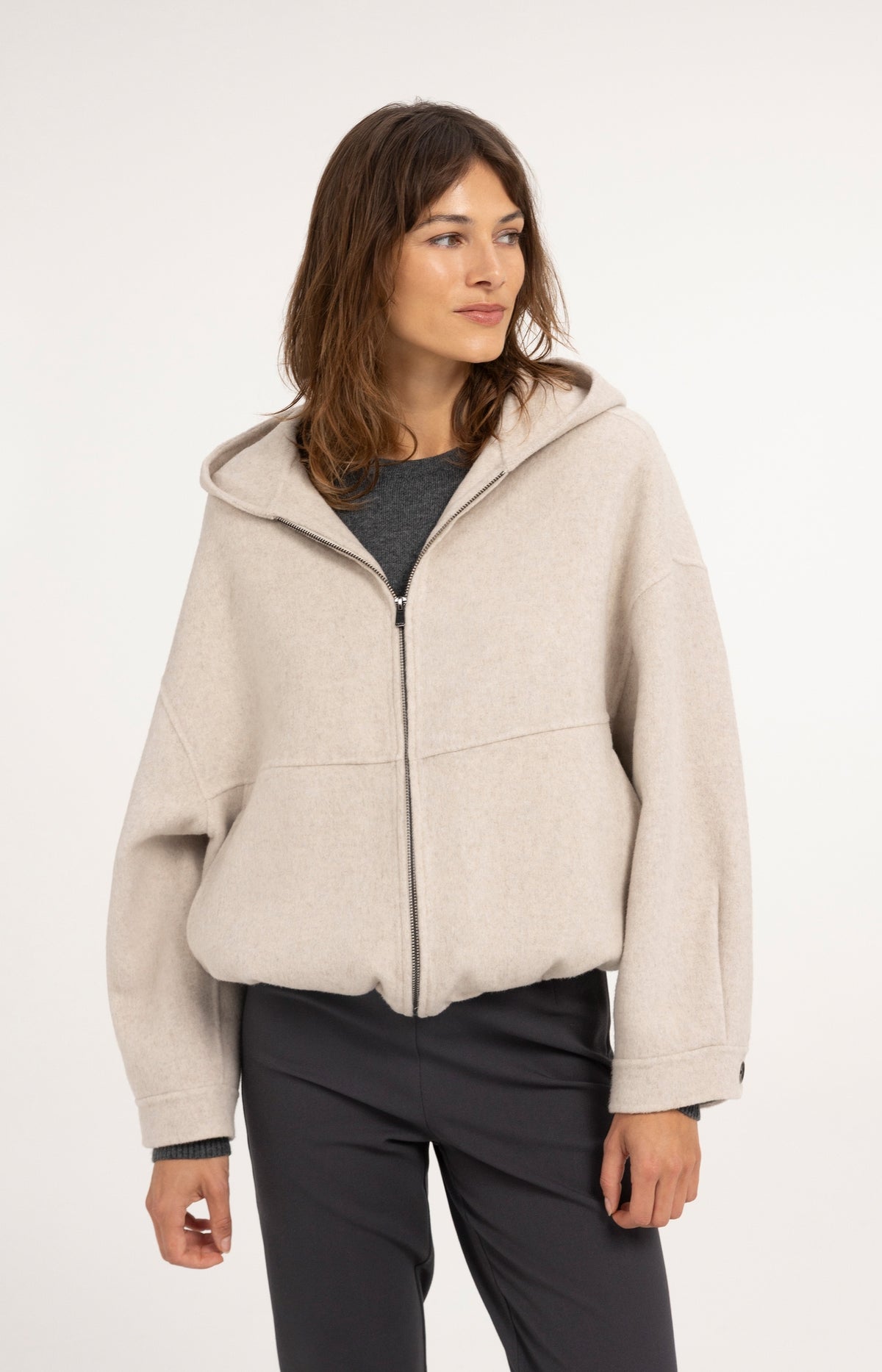 Oversized wool blend jacket with hood - Pure Cashmere Grey Melange