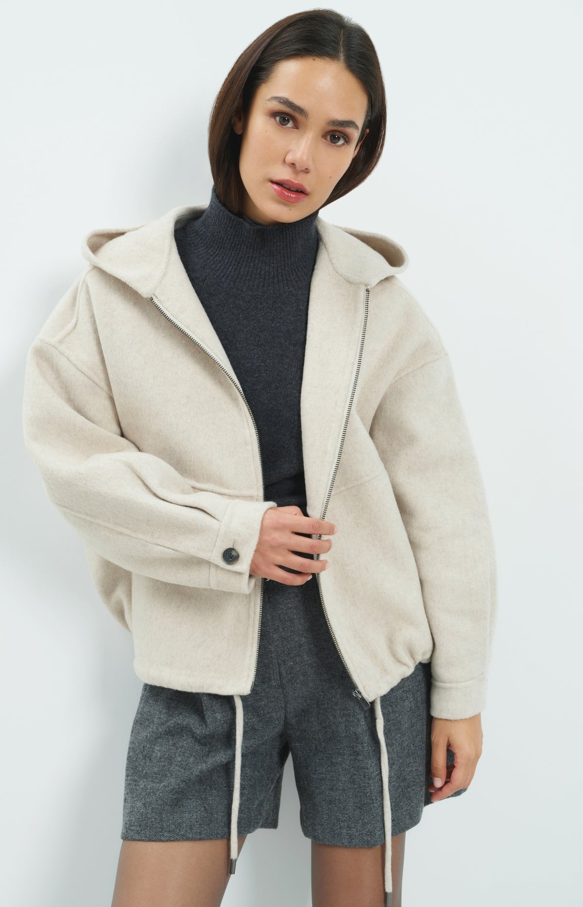 Oversized wool blend jacket with hood - Pure Cashmere Grey Melange