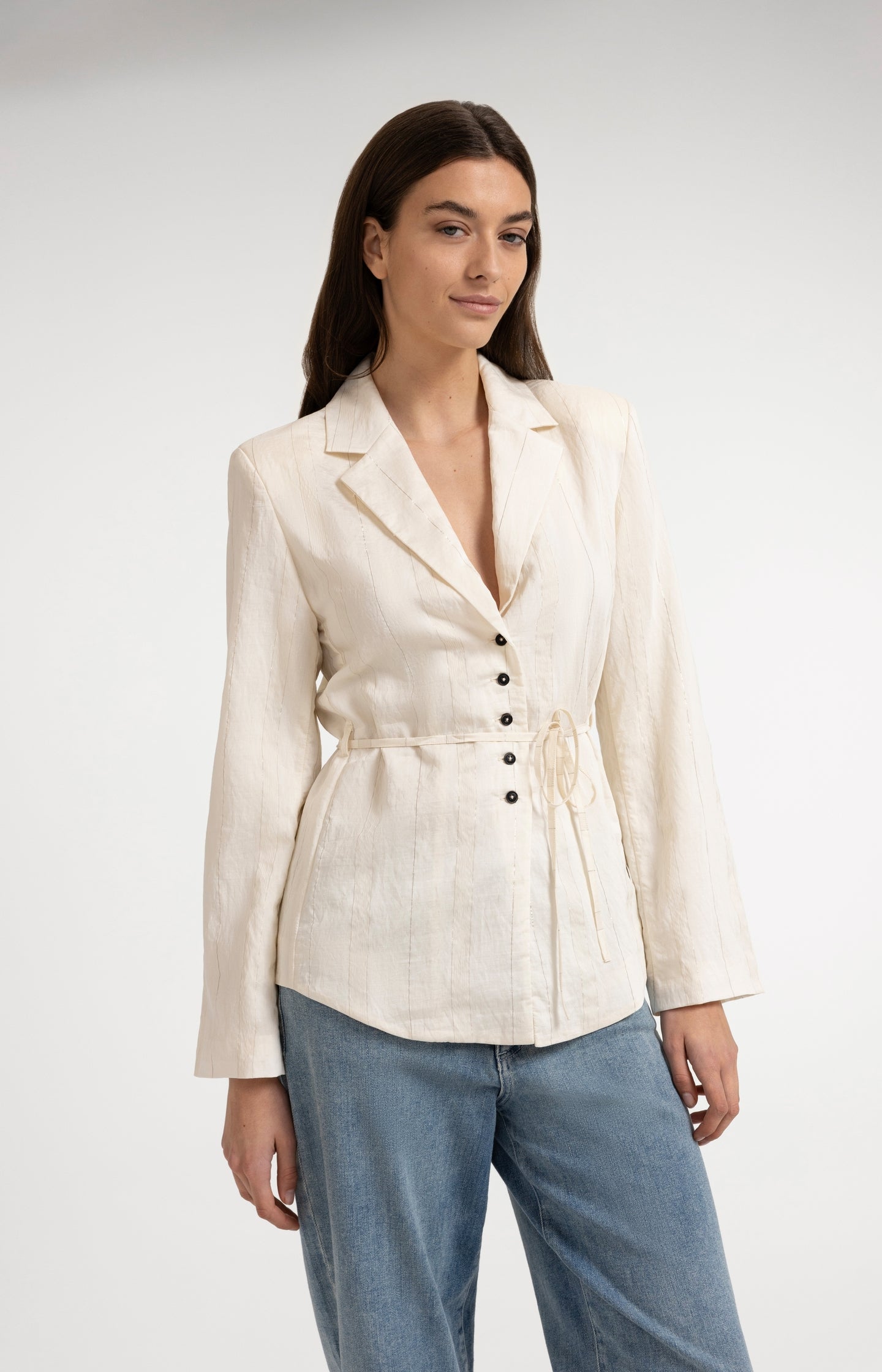 Pinstripe blazer with tie belt