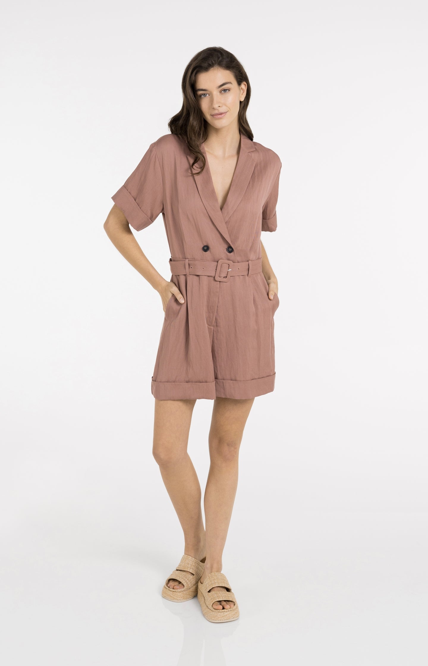 Playsuit with double button closure and belt