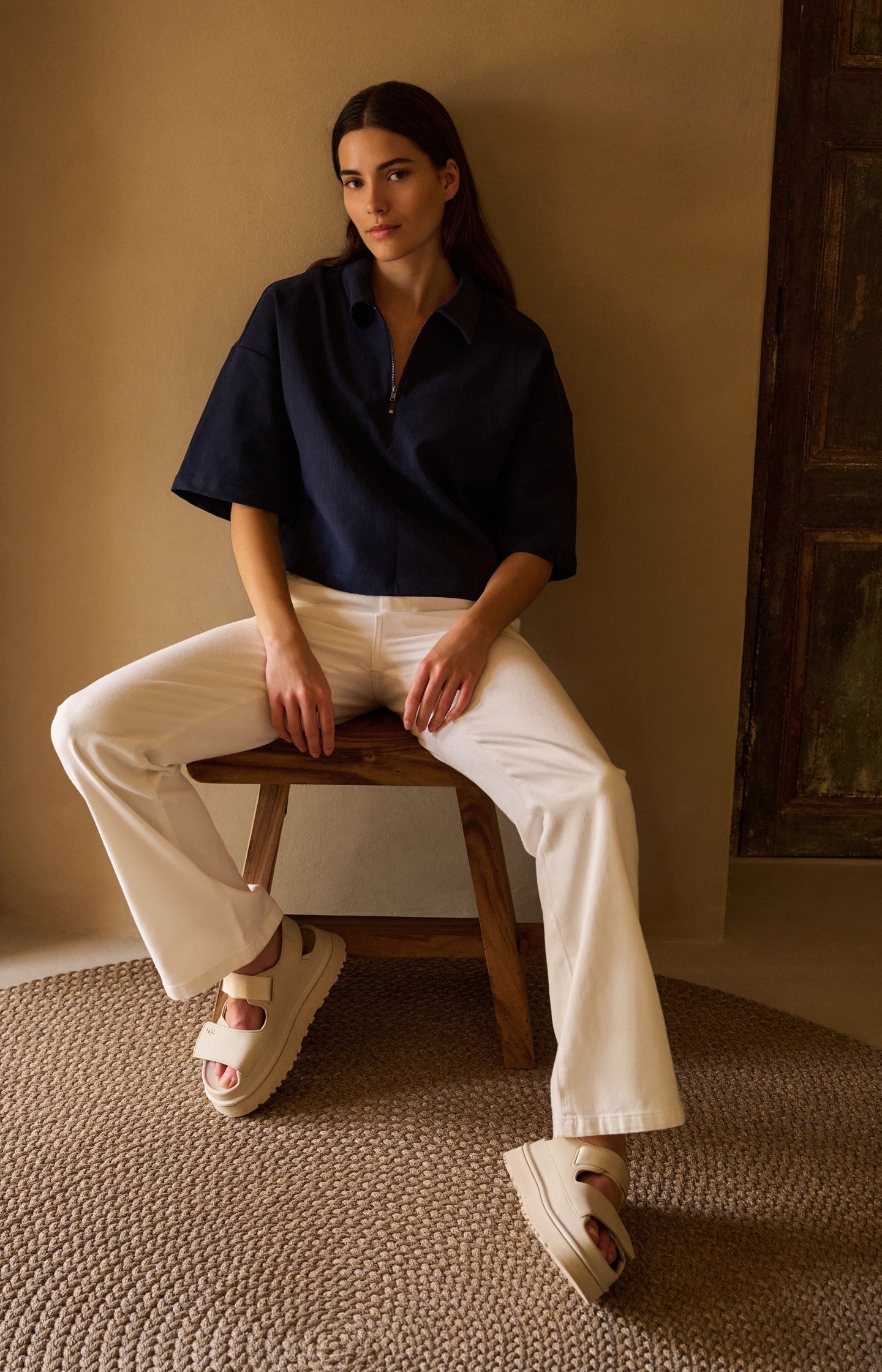 Polo top with half zip and short wide sleeves