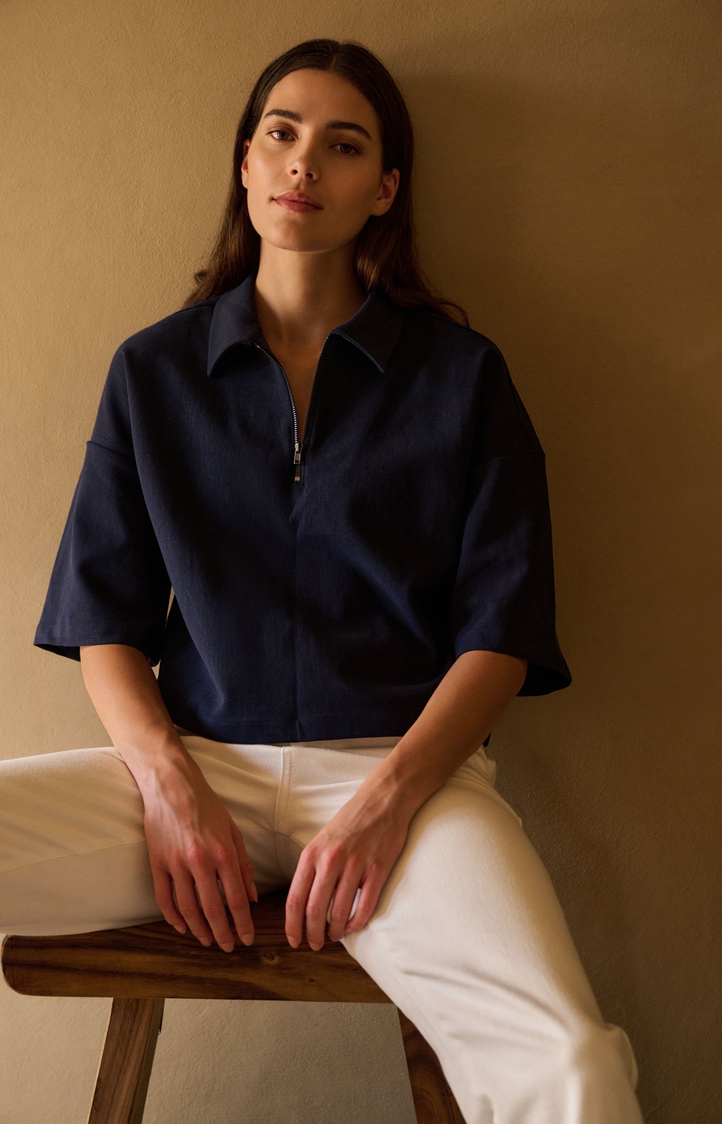 Polo top with half zip and short wide sleeves