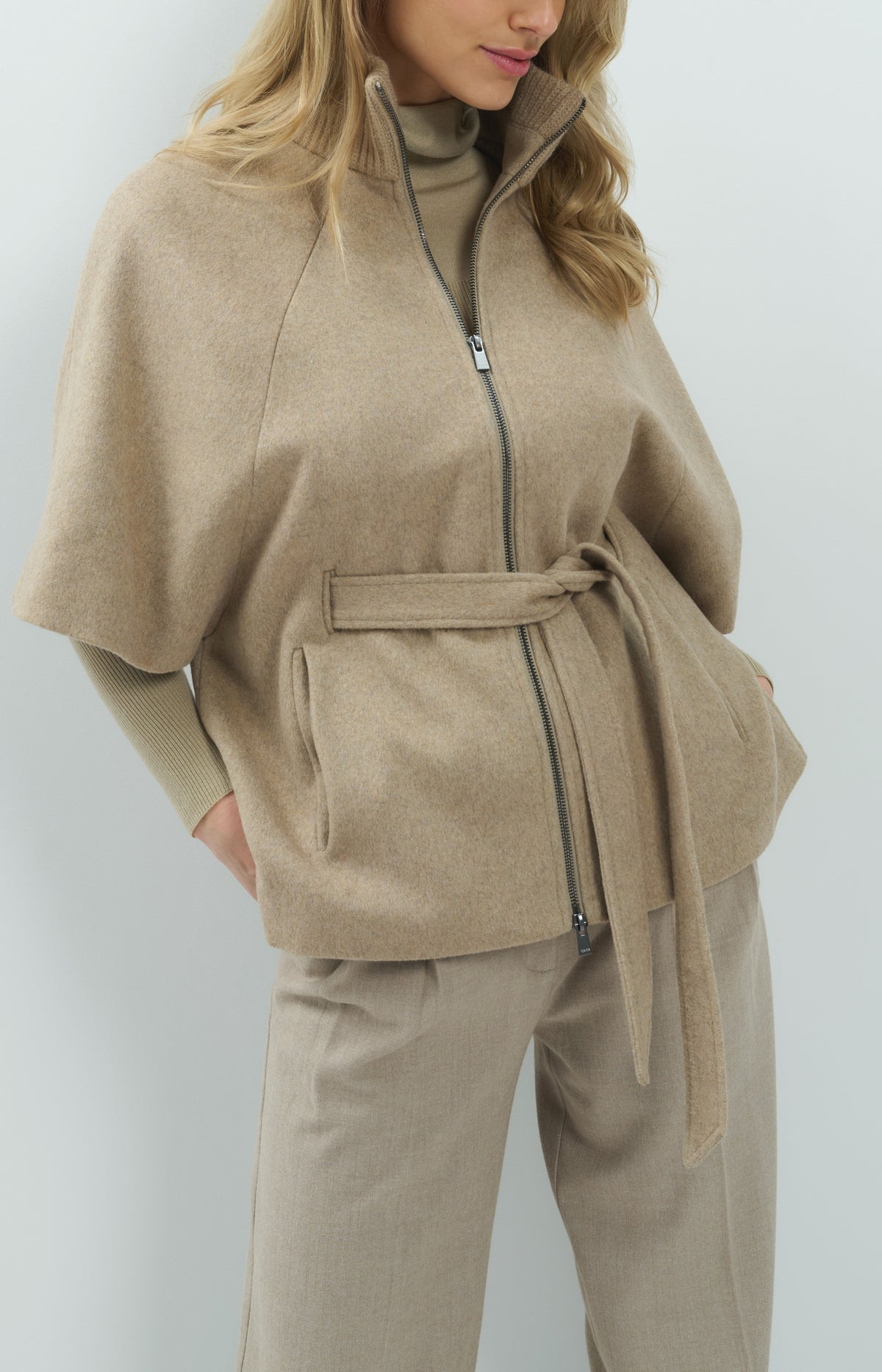 Poncho jacket with rib collar and belt - Pure Cashmere Grey Melange